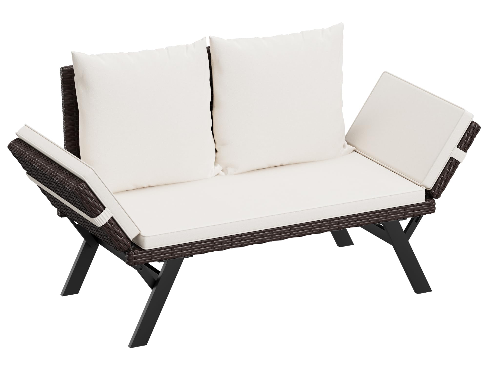 Outdoor Convertible Sofa Bed - Adjustable Rattan Woven Sun Lounger with Removable Cushions & Pillows - Patio, Poolside, Garden Furniture for Relaxation (Brown Frame & Beige Cushions) | Perfect for Backyard, Deck, Beach House or Vacation Rental