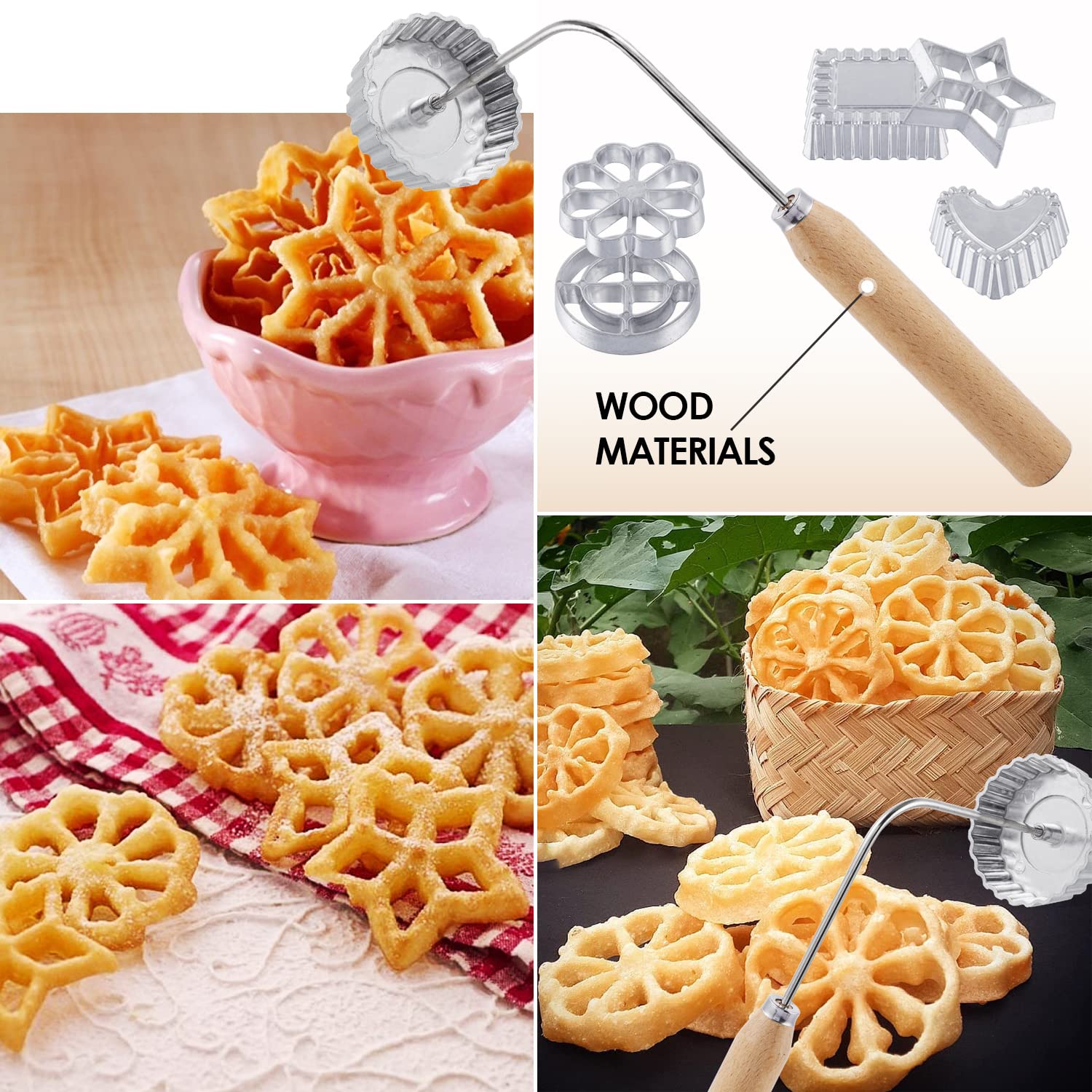 7-Piece Rosette Timbale Set with Handle - Stainless Steel Rosette Iron for Bunuelos, Funnel Cakes & Lotus Flower Cookies - Perfect for Holiday Baking, Party Desserts & European Pastry Making