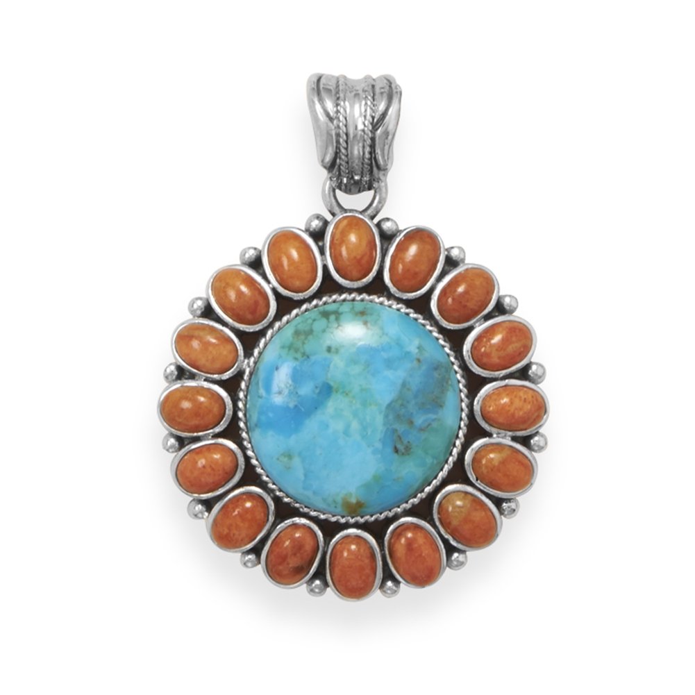 Antiqued Sterling Silver Sun Pendant with Reconstituted Turquoise & Red Coral | Southwest Jewelry for Women | Perfect for Boho Fashion, Festival Outfits & Everyday Wear