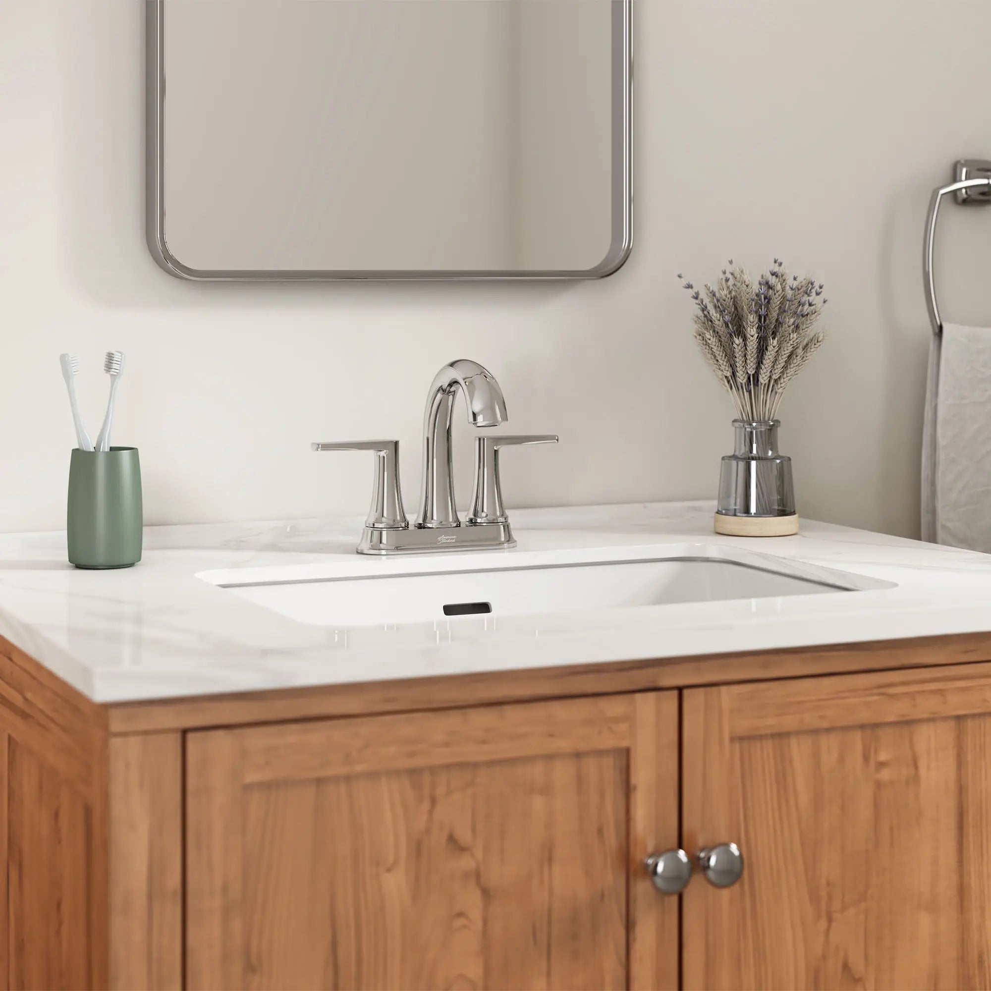 Becklow Two Handle 4 Inch Centerset Bathroom Faucet - Chrome Finish, Water-Saving Design for Sink Vanity - Perfect for Modern Home & Guest Bathroom Renovation