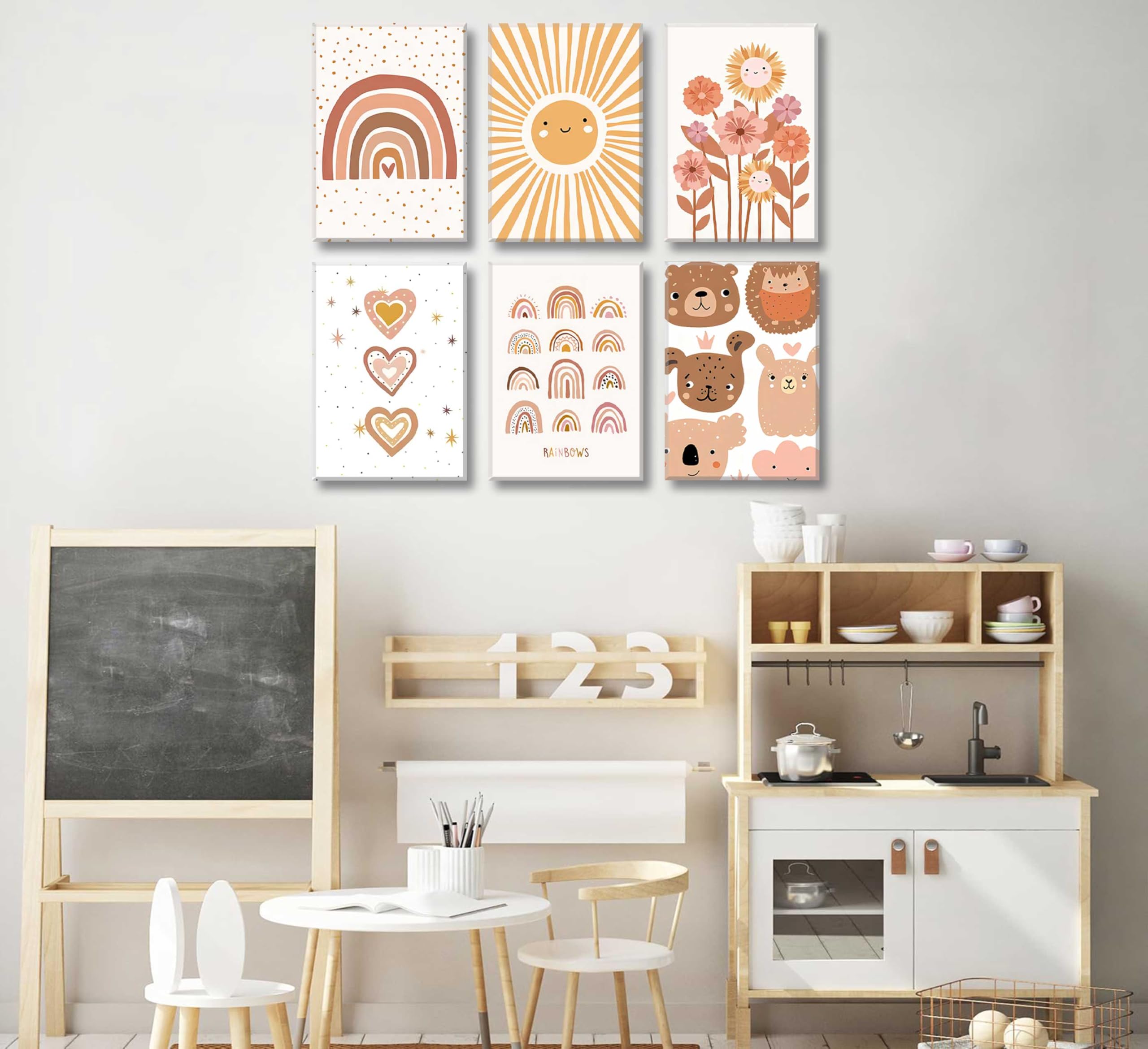 6Pcs Boho Nursery Canvas Wall Art - Rainbow, Sunflower & Cute Animal Paintings for Kids Room Decor | Framed Children's Prints for Baby Girl's Pink Bedroom (Perfect for Nursery, Playroom & Birthday Gifts)