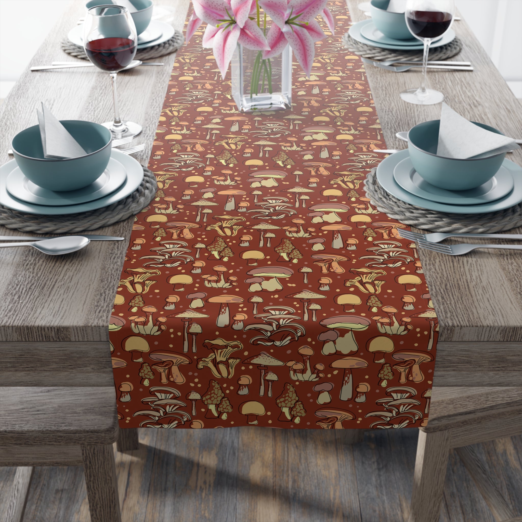 Stylish Cotton or Polyester Table Runner with Groovy Brown Mushroom Print - 2 Size Options for Dining & Kitchen Decor