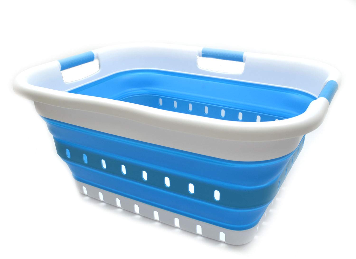 Sammart 41L Foldable Laundry Basket with 3 Handles - Collapsible Storage Organizer for Clothes, Toys & Home Essentials - Portable & Space Saving Hamper (White/Sky Blue) - Perfect for Dorm, Apartment & Travel Use