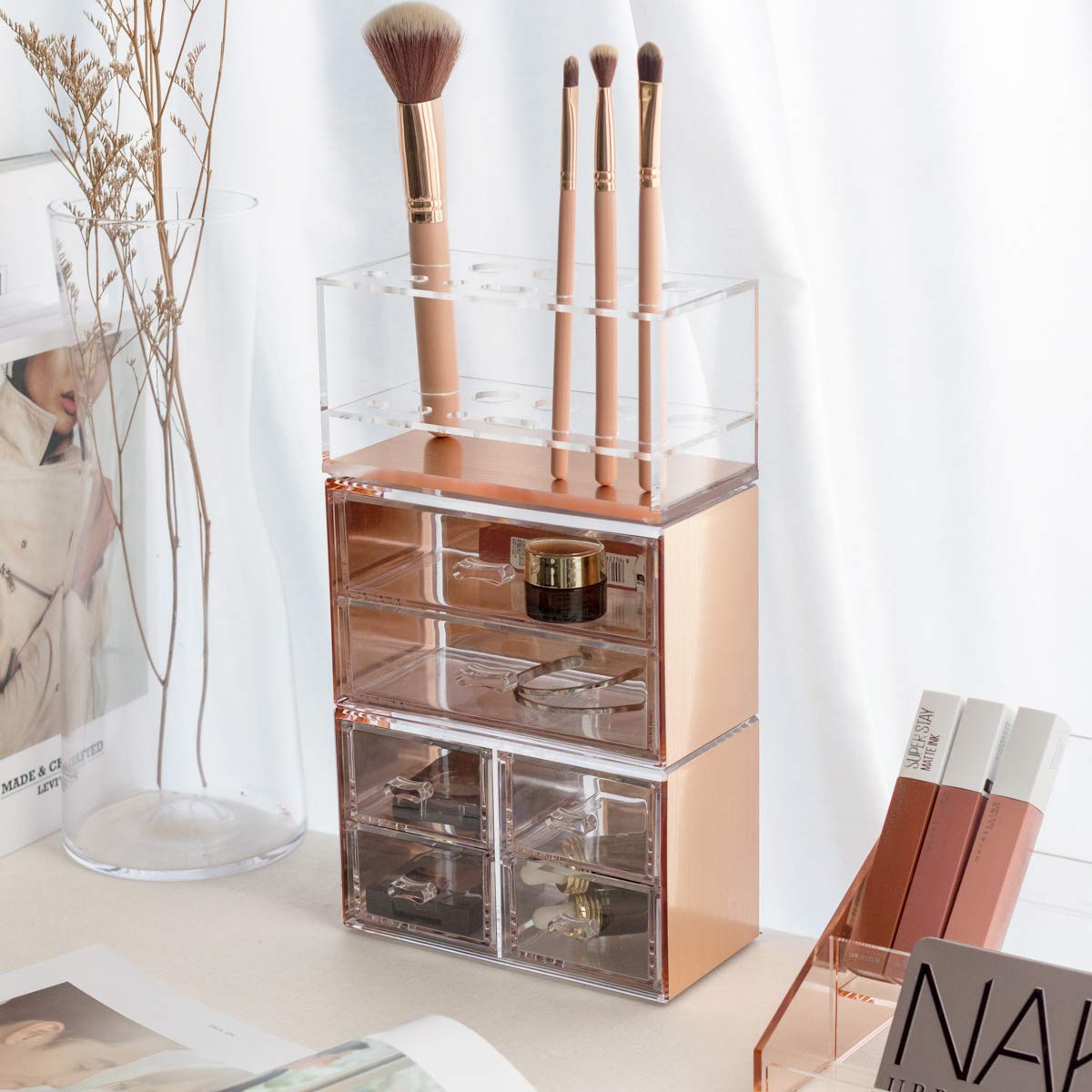 Moosy Life Acrylic Makeup Brush Holder Organizer - 12 Slots Vanity Countertop Storage & Drying Rack for Makeup Brushes | Perfect for Home Beauty Salon, Professional Makeup Artists & Travel Cosmetic Organization