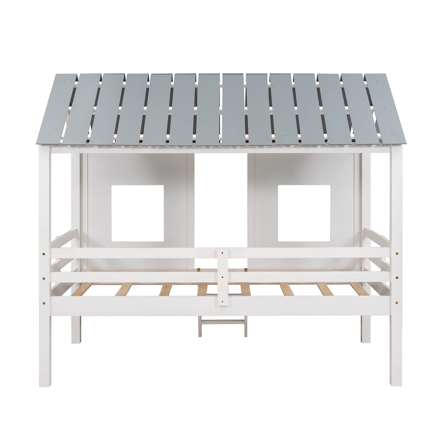 i-POOK Twin Size Low Loft Bed Frame with Roof & Window - Solid Wood House Loft Bed with Ladder, Safety Guardrail & Under Bed Storage - No Box Spring Needed - Perfect for Kids Bedroom, Small Spaces & Dorm Rooms (White)