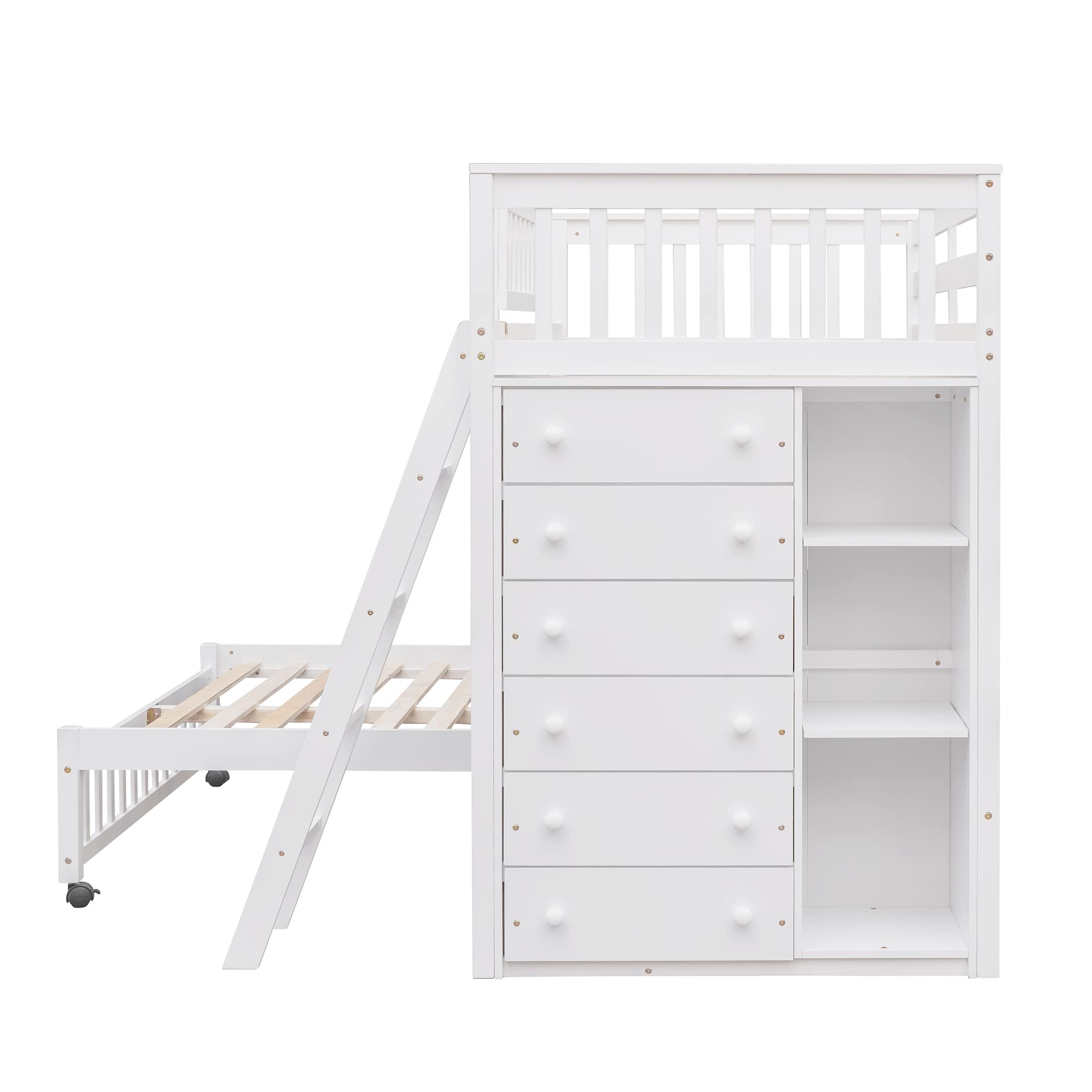 Harper & Bright Designs Twin Over Full Bunk Bed with 6 Storage Drawers & 3 Shelves - Space Saving Wood Loft Bed with Movable Lower Bed, No Box Spring Needed (White, Wheels Included) - Perfect for Kids Rooms, Guest Rooms & Small Apartments