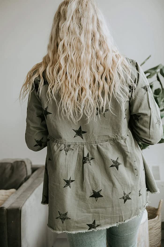 Women's Casual Frayed Raw Hem Star Print Denim Jacket | Mid-Long Peplum Style | Perfect for Spring Outfits, Date Nights & Streetwear Fashion