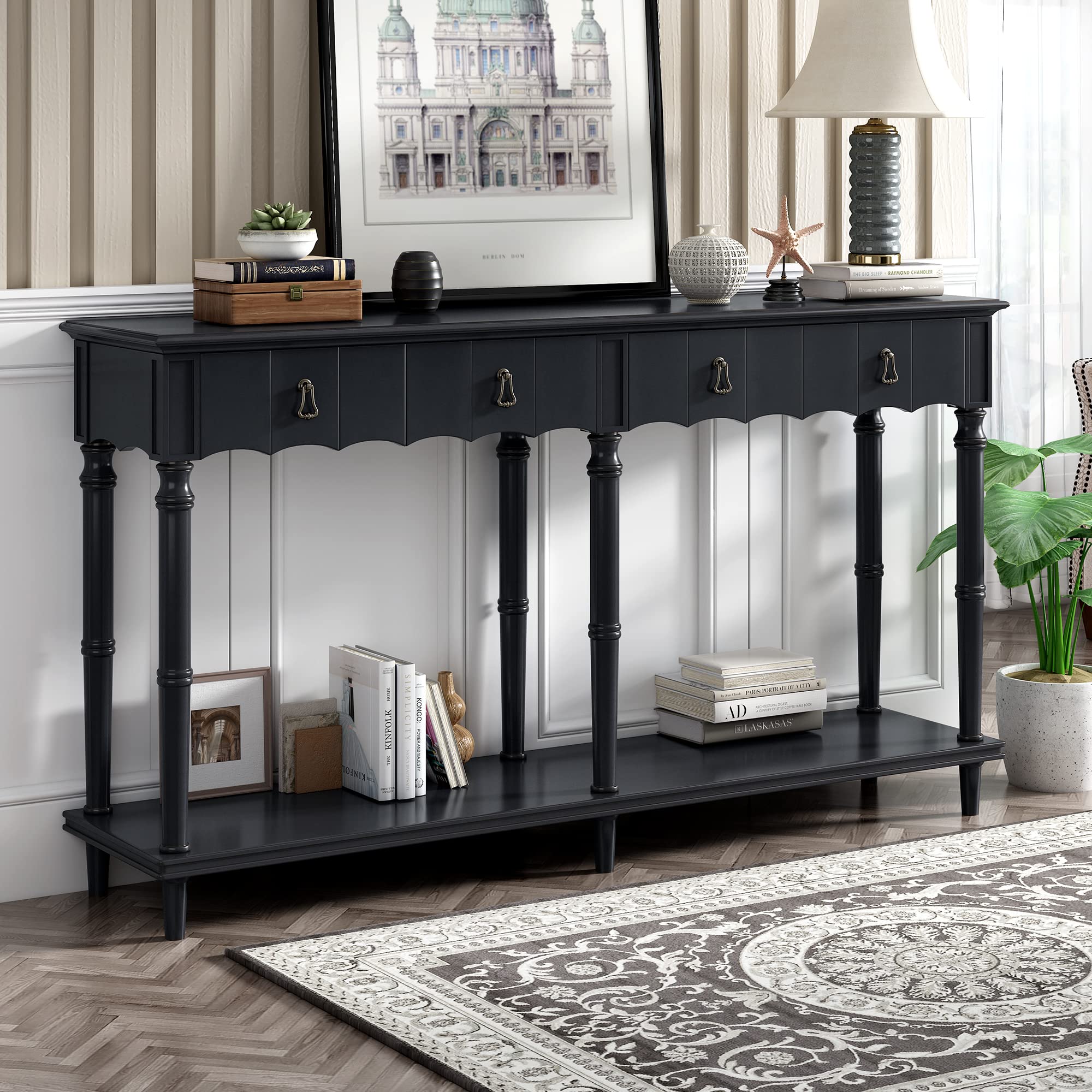 Merax Retro Console Table with 4 Storage Drawers & Shelf - Antique Black Sofa Table for Entryway, Living Room | Perfect for Hallway Decor & Small Space Organization