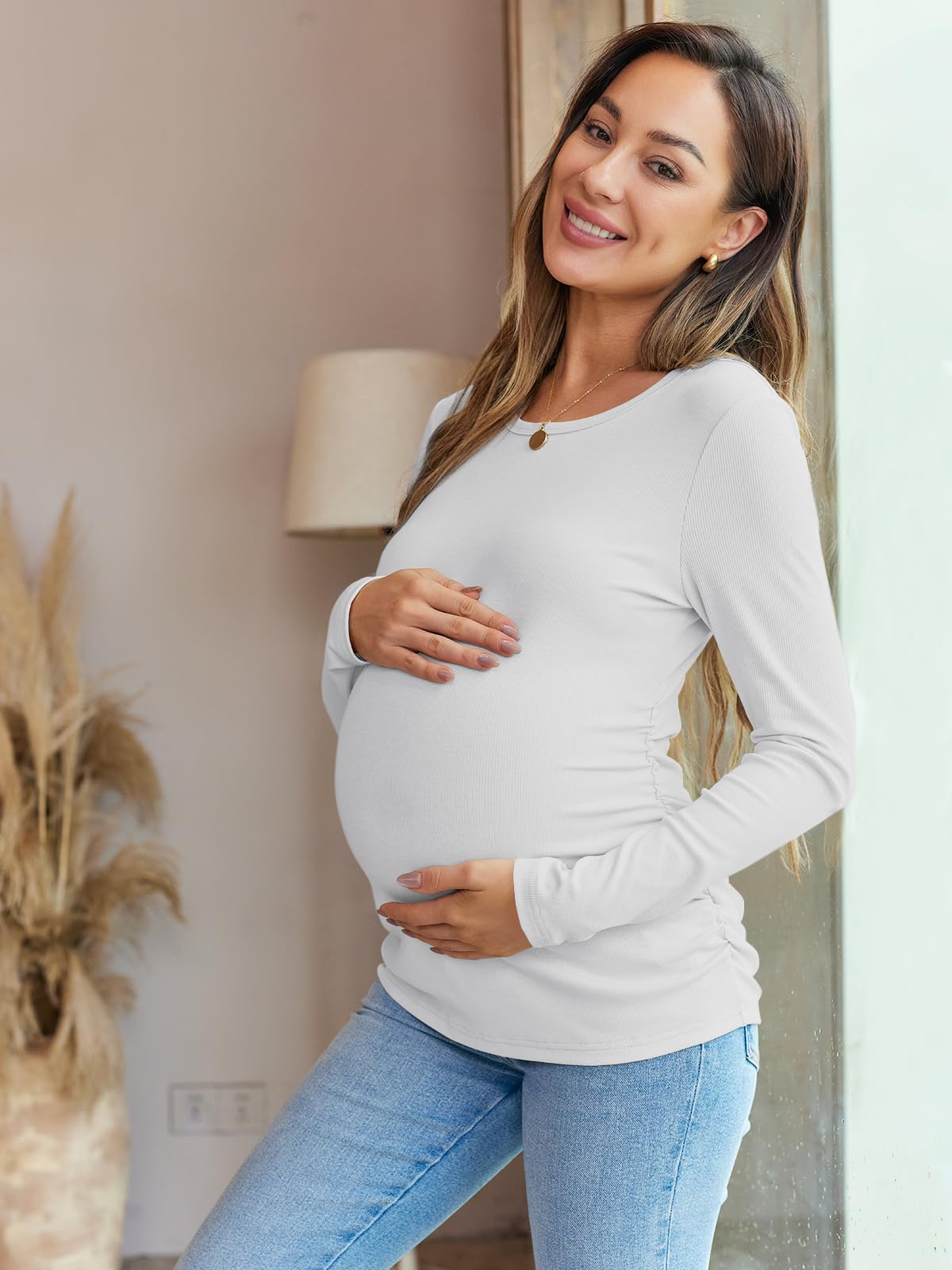 Women's Maternity Fall Tops - Long Sleeve Ribbed Knit Slim Fitted Blouse with Side Ruched Design for Pregnancy | Comfortable Nursing Shirts for Work, Dates & Everyday Wear
