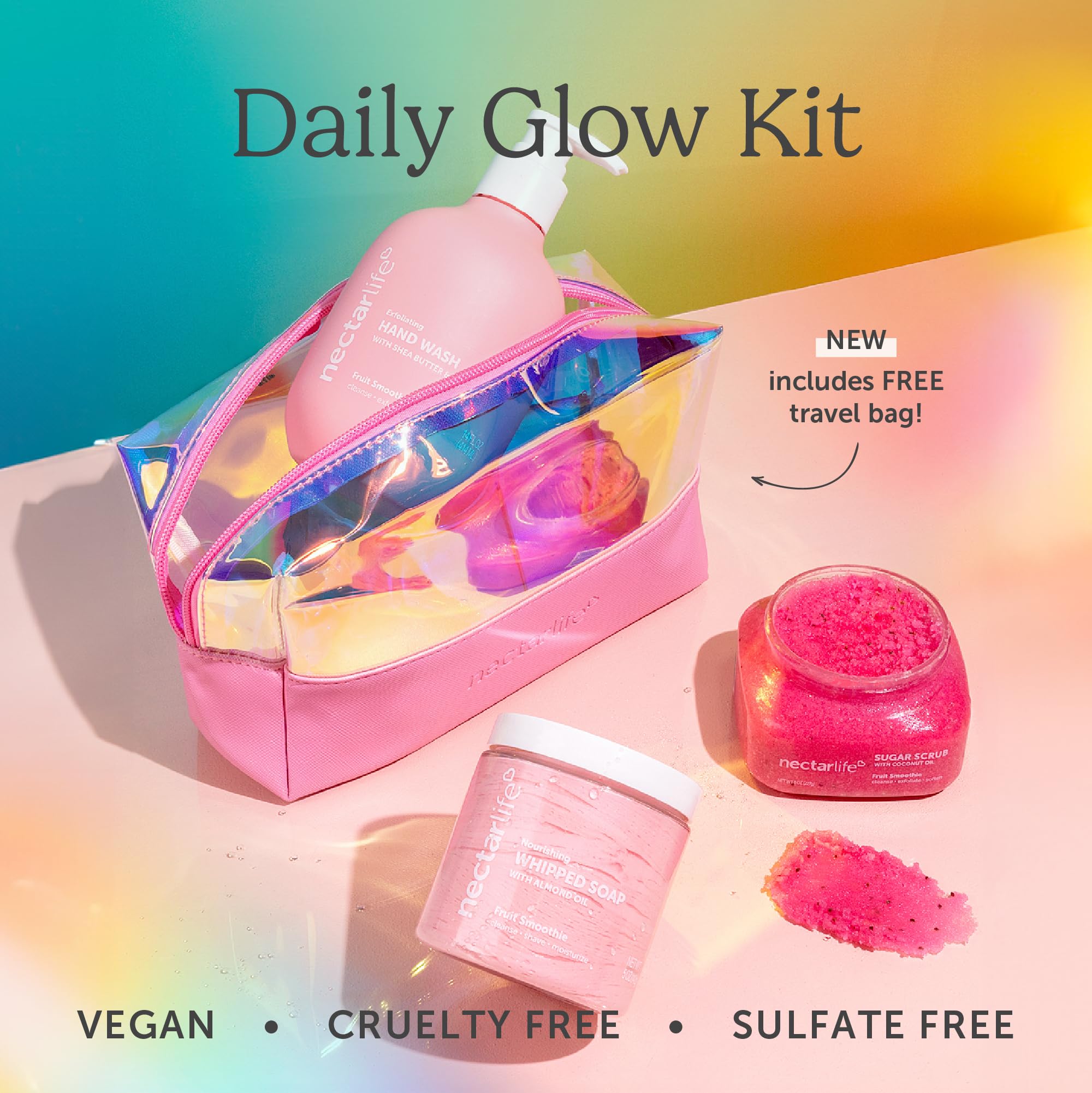 Daily Glow Kit - Vegan Body Skin Care Set with Moisturizing Whipped Soap, Exfoliating Sugar Scrub & Softening Pumice Hand Wash (Fruit Smoothie Scent) - Perfect for Spa Day, Self Care Routine & Gift Giving