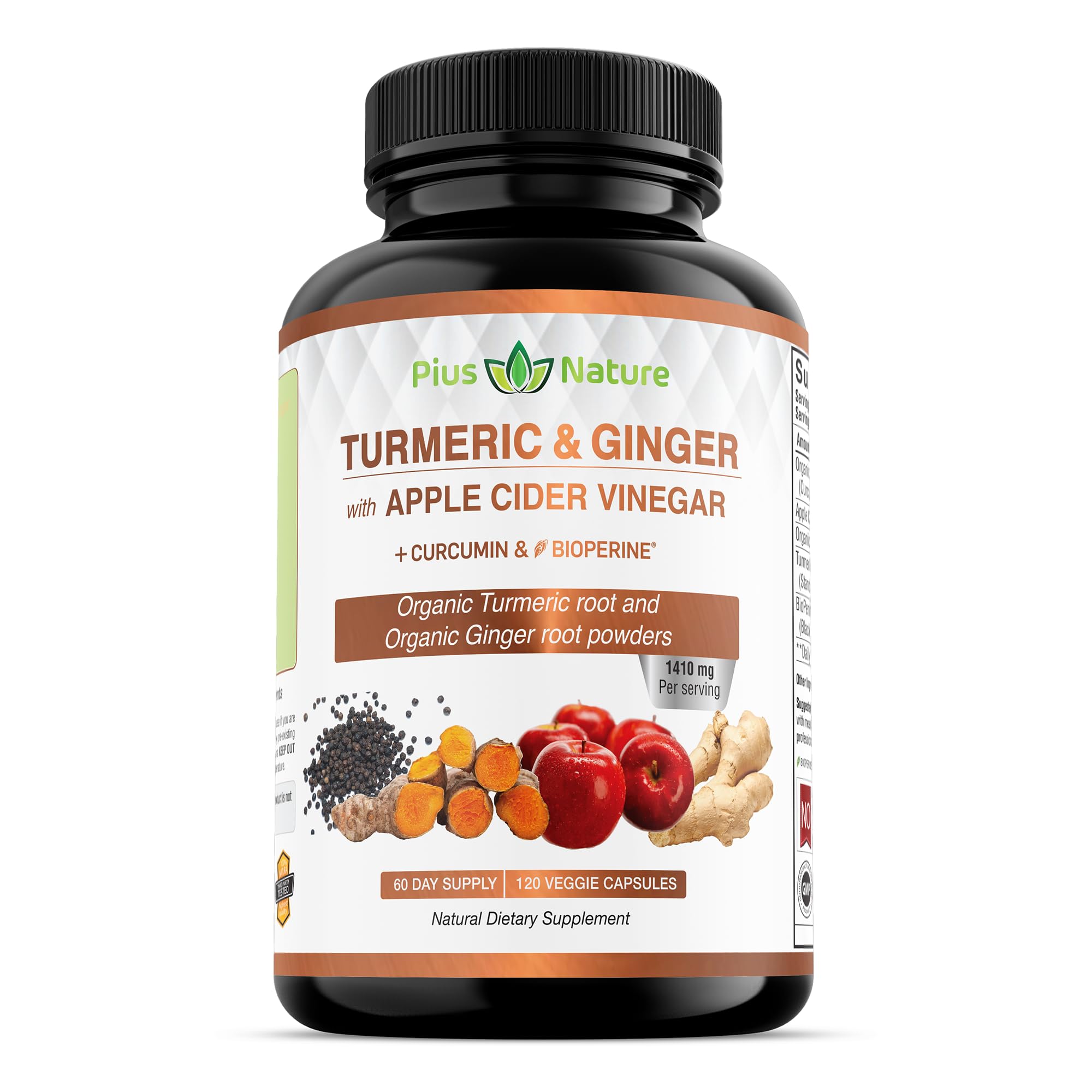 USDA Organic Turmeric Ginger & Apple Cider Vinegar Capsules - 120ct with 95% Curcuminoids & Bioperine (1410mg per Serving) - Supports Joint Health, Digestion & Immunity - Vegan Supplement for Active Lifestyles