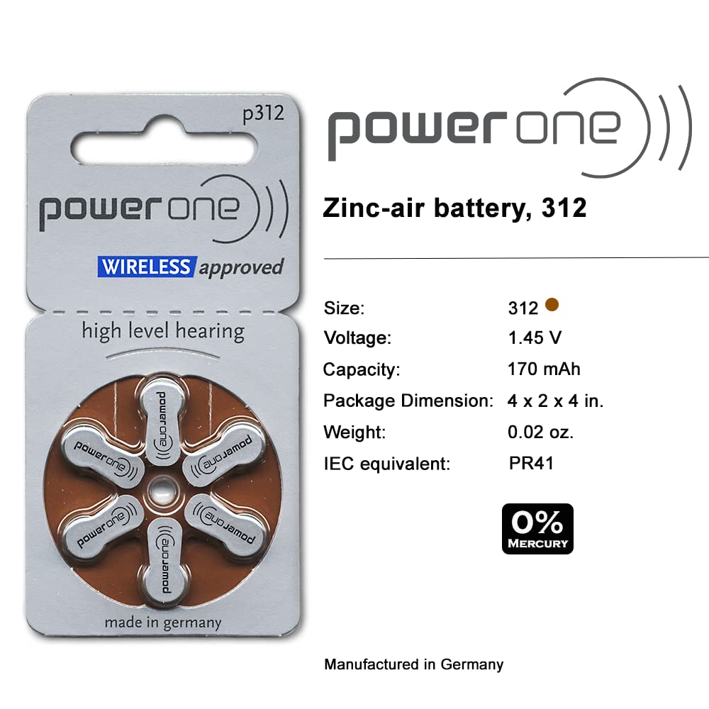 Power One Mercury-Free Hearing Aid Batteries Size 312 - 240 Batteries (4 Packs of 60) - Long-Lasting Zinc Air Technology for Clear Hearing - Perfect for Travel, Daily Use & Emergency Backup