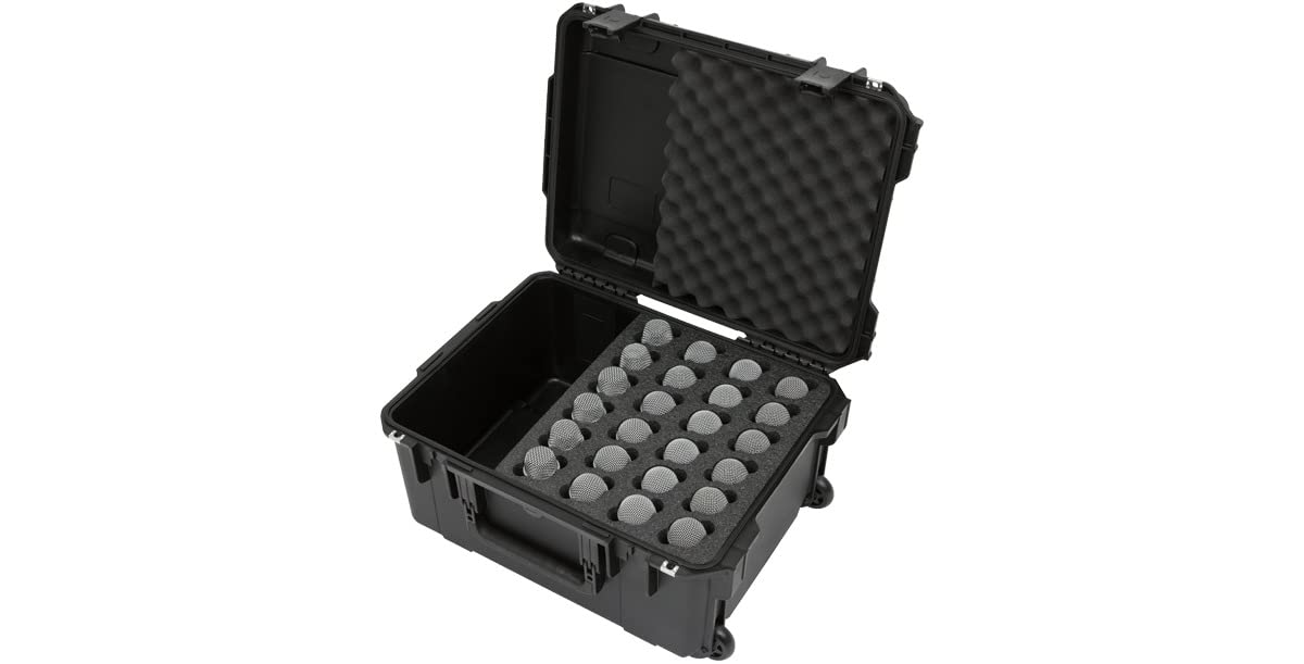 SKB Injection Molded Microphone Case with Foam Insert - Holds 24 Mics, Storage Compartment & Wheels - Perfect for Studio, Live Performances & Equipment Transport
