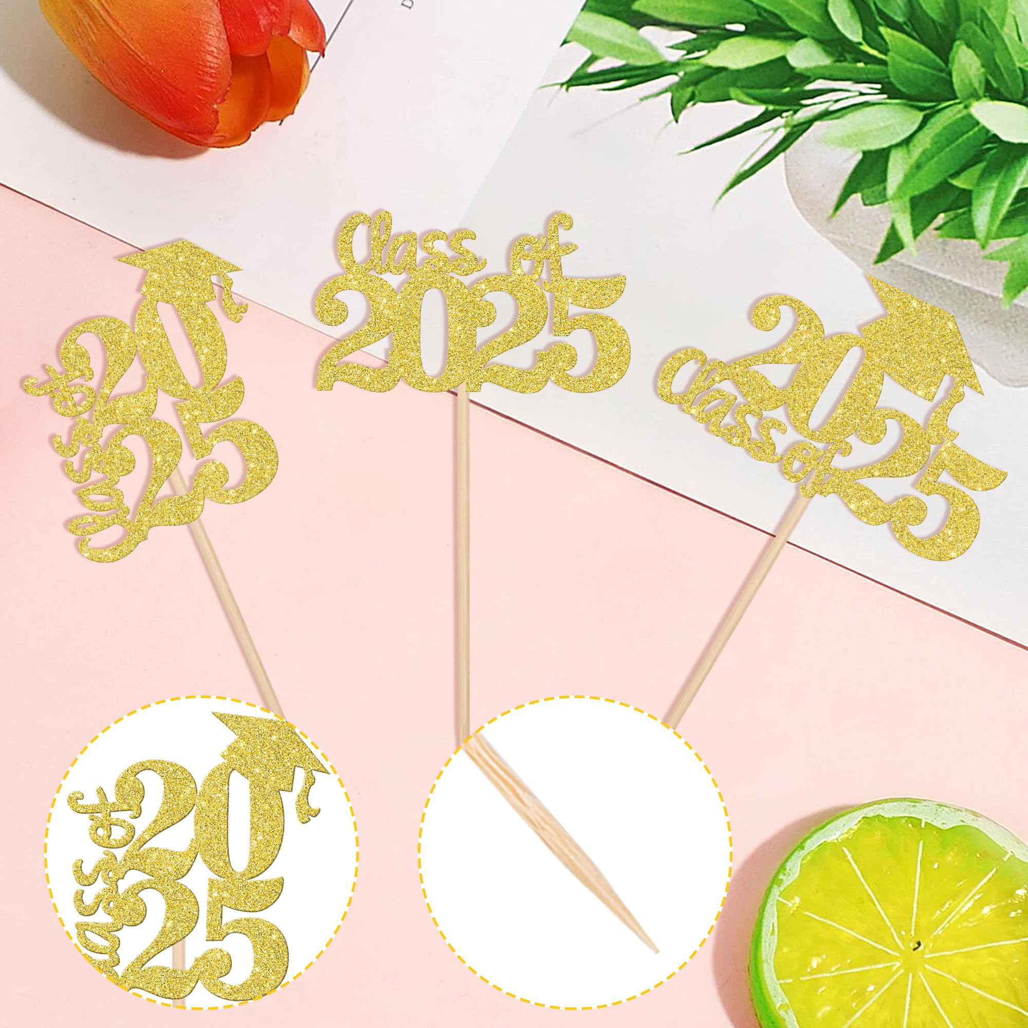 30 PCS Class of 2025 Glitter Graduation Cap Cupcake Toppers - Gold High School Graduation Cake Decorations for 2025 Theme Party, Birthday, Commencement Celebrations