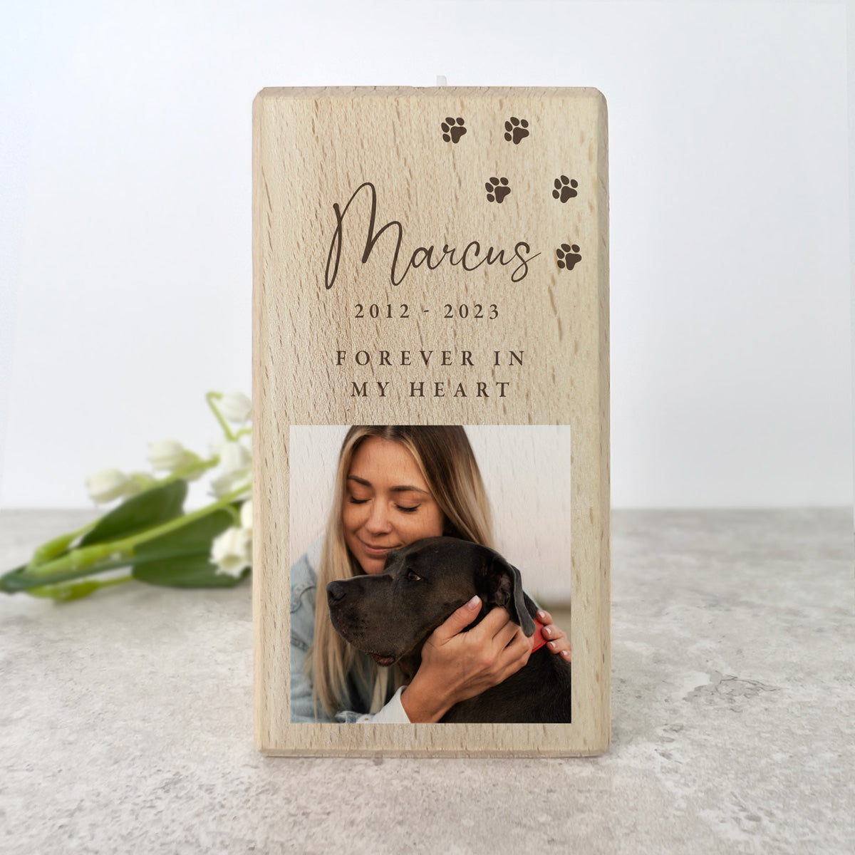 Personalized Solid Wood Pet Memorial Tea Light Holder - Engraved Photo Keepsake for Dogs & Cats - 2 Sizes (Small & Large) - Perfect for Pet Loss Remembrance, Memorial Gifts & Candlelight Tributes