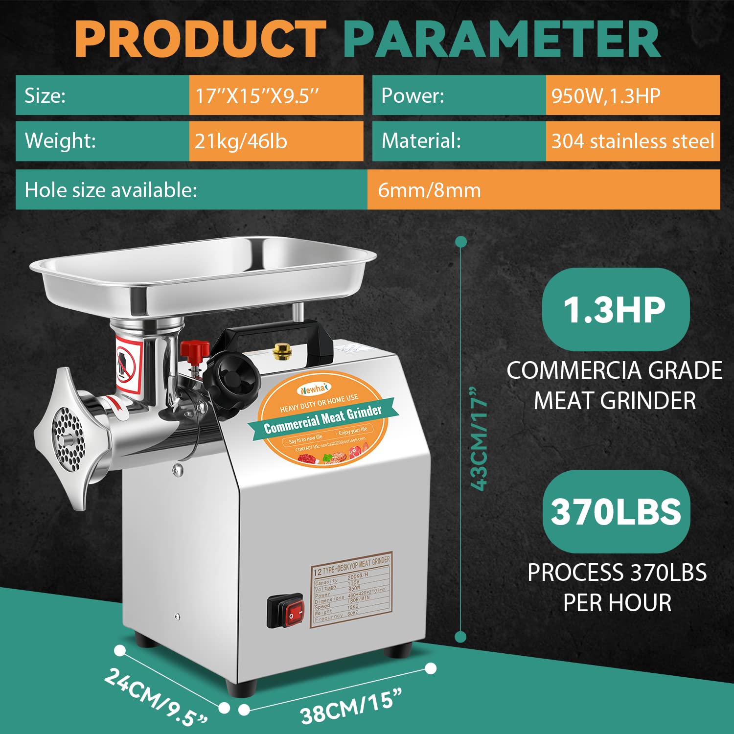 950W Commercial Electric Meat Grinder - Heavy Duty Industrial Meat Mincer & Sausage Stuffer with 3/6/8mm Plates - 1.3HP 110V for Restaurants & Butchers - Grinds Chicken Bones & Beef - Perfect for Professional Kitchens, Delis & Home Butchering