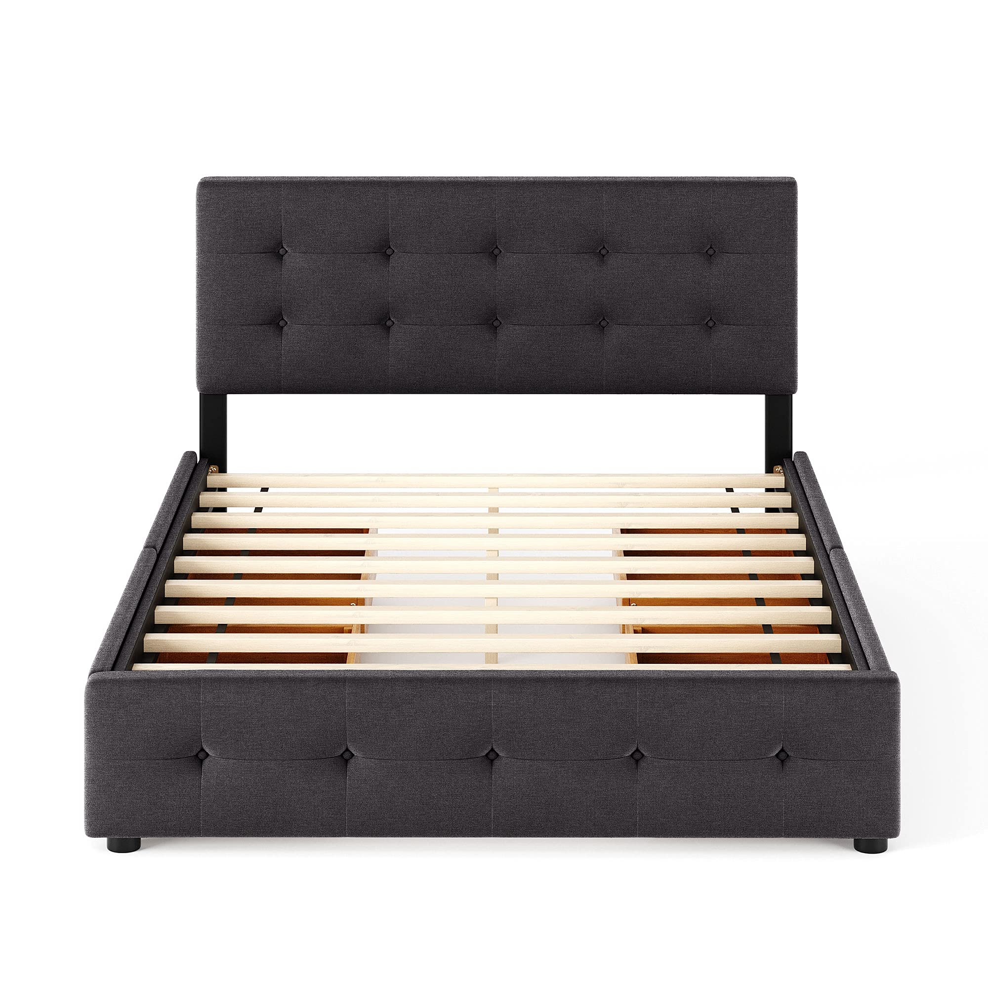Queen Size Modern Upholstered Platform Bed with 4 Large Storage Drawers - Button Tufted Headboard, Wooden Slats & Center Support Legs - No Box Spring Required (Dark Gray) - Perfect for Master Bedrooms, Guest Rooms & Small Space Living