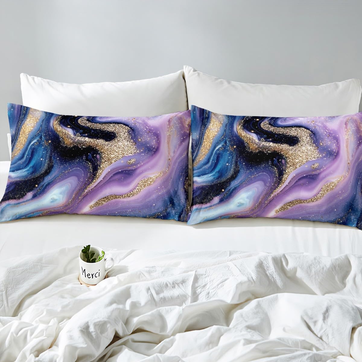 Modern Marble Twin Fitted Sheet Set - Blue Purple Gold Abstract Stone Pattern Bedding | Soft Tie-Dye Pastel Design for Kids, Teens & Adults | Perfect for Nursery, Dorm Room & Master Bedroom Decor
