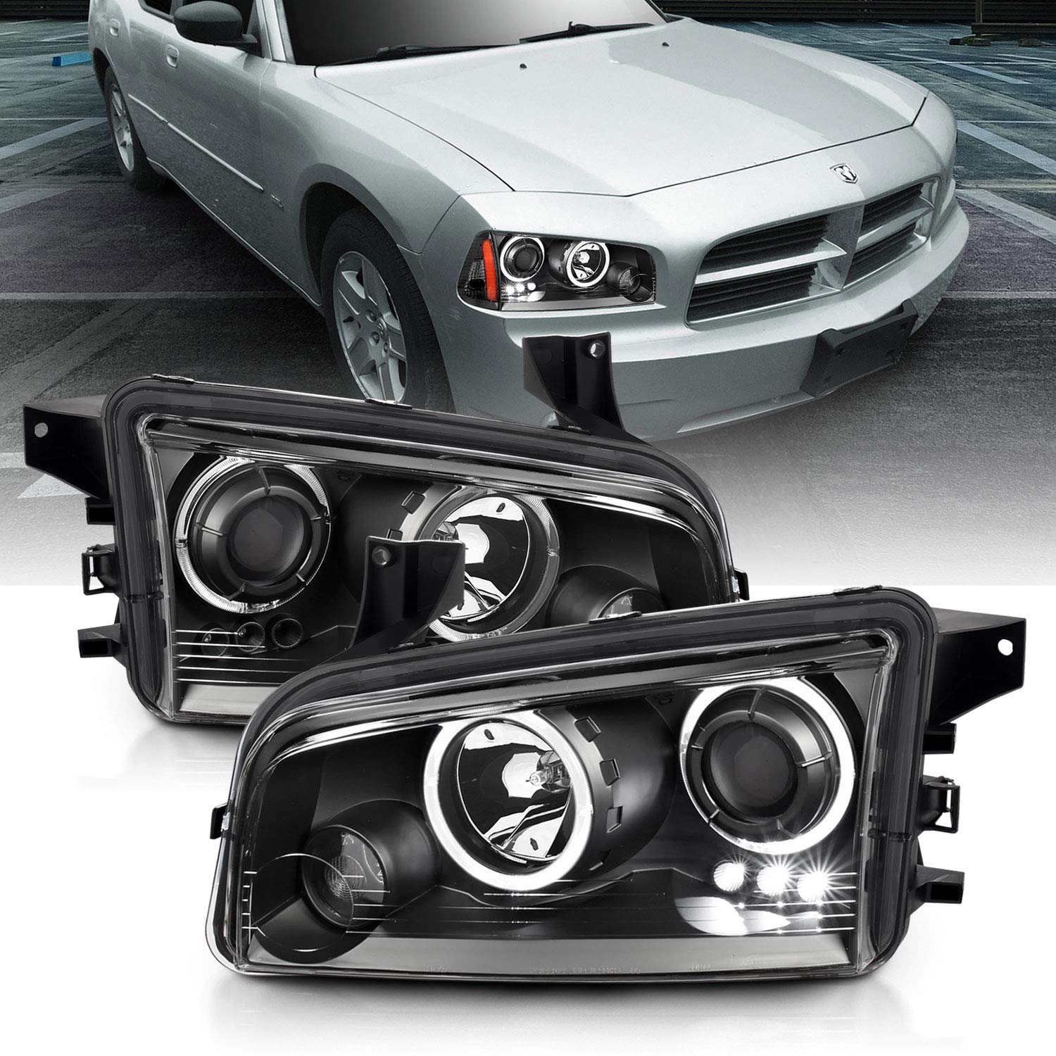AmeriLite Black Dual LED Halo Projector Headlights Replacement Kit for 2006-2010 Dodge Charger - Left & Right Side - High Performance Lighting for Night Driving & Off-Road Use