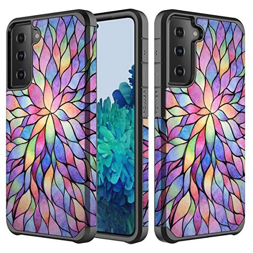 Samsung Galaxy S21 Case with TPU Screen Protector - Cute Glitter Rainbow Flower Design, Heavy Duty Dual Layer Defender Protective Cover for Women & Girls | Perfect for Everyday Use, Work, and Travel