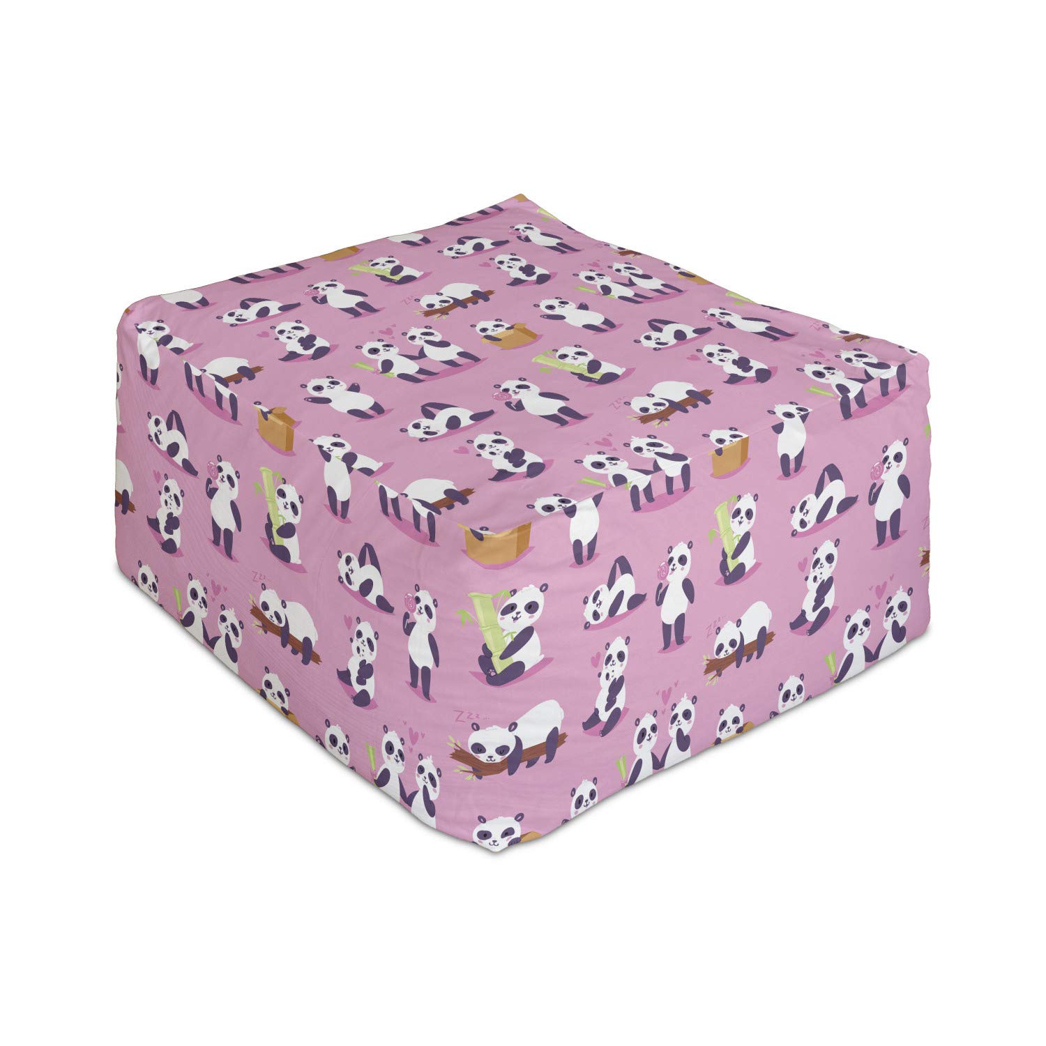 Ambesonne Panda Rectangle Pouf - Fluffy Animals Playing on Pink Background, 25
