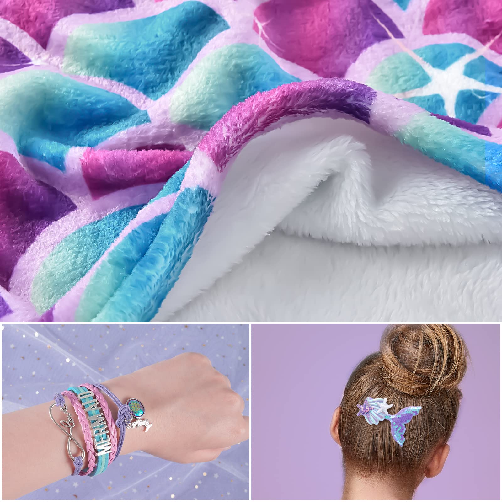 WERNNSAI Mermaid Tail Blanket for Girls & Teens - Soft Flannel Wearable Blanket with Sequin Hairpin Bracelet, 55