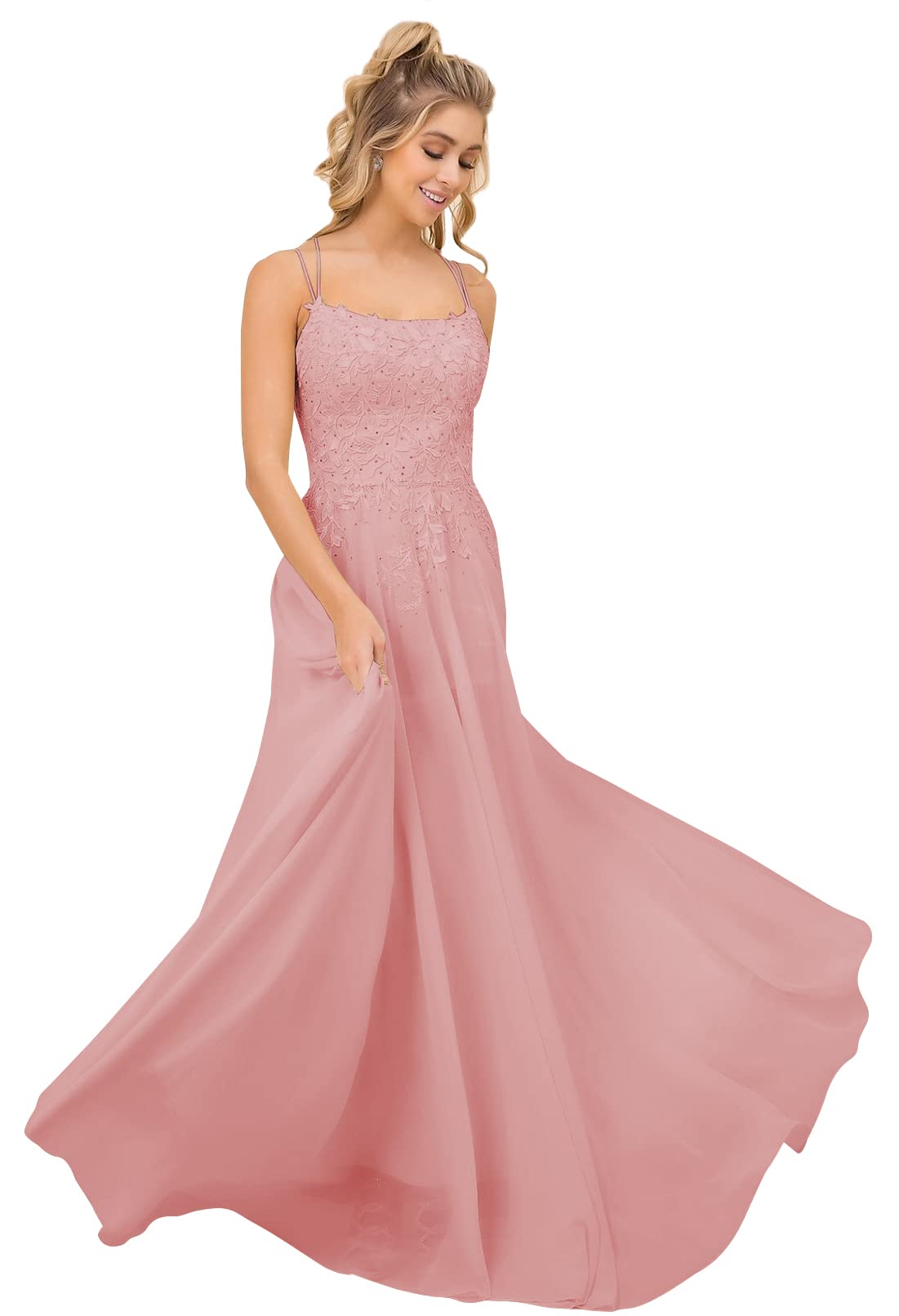 Elegant Backless Spaghetti Strap Prom Dress for Women - Lace Bodice Formal Long Evening Gown for Homecoming, Wedding, Party & Special Occasions