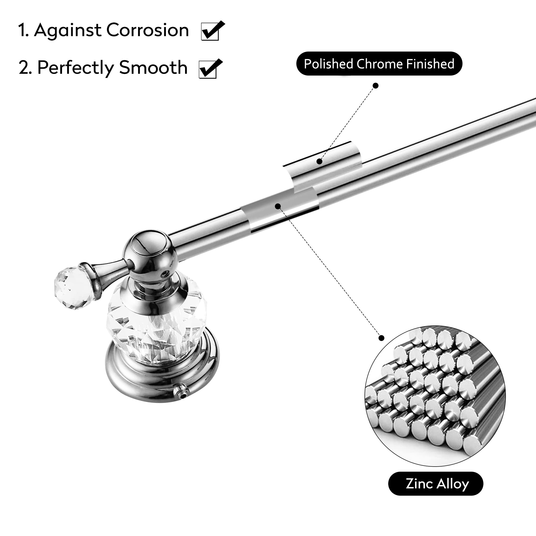 24 Inch Chrome Towel Bar - Adjustable Crystal Bathroom Towel Rack with Wall Mount, Modern Silver Single Towel Holder for Shower, Spa & Luxury Bathroom Decor