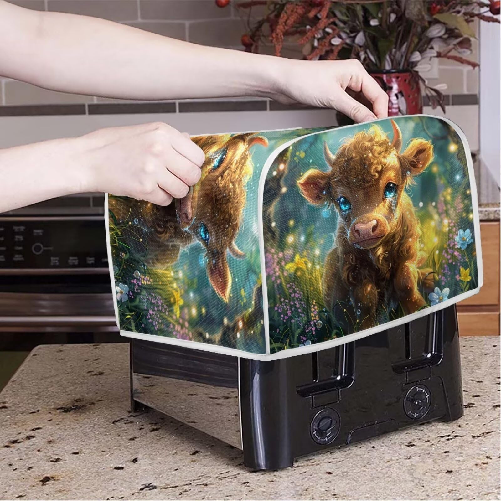 Highland Cattle Printed Toaster Cover - 4 Slice Dustproof Kitchen Appliance Protector - Washable Oven Bakeware Cover for Fingerprint Protection | Perfect for Country Style Kitchens & Farmhouse Decor
