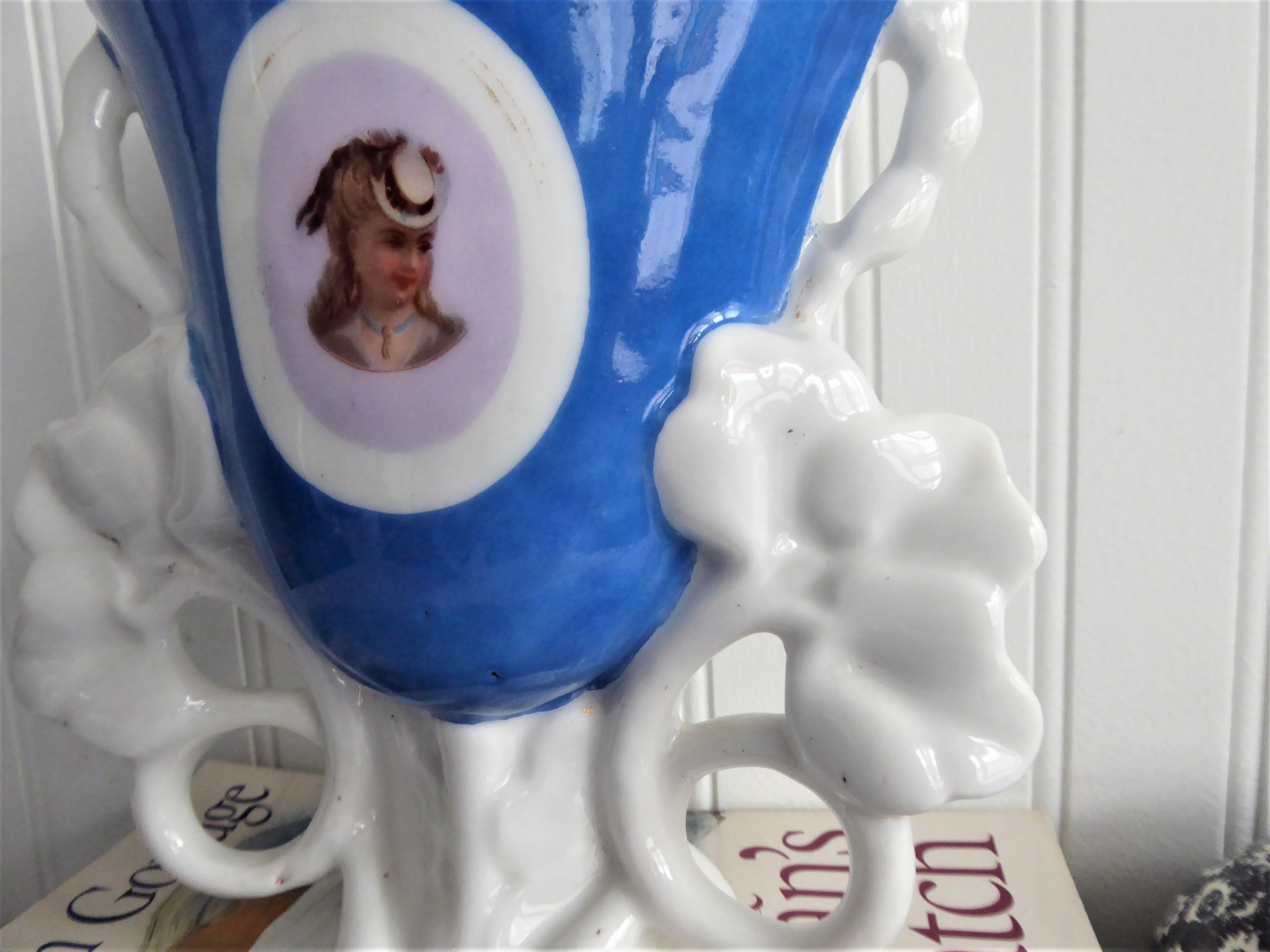 Antique Victorian Portrait Spill Vase - 1880s German Flatback Mantel Vase with Elegant Lady in Hat - Perfect for Fireplace Decor & Victorian Home Accents
