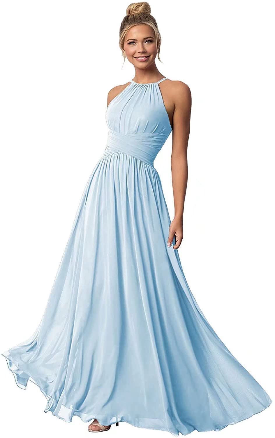 Elegant Chiffon Halter Long Bridesmaid Dresses for Women - A-Line Pleated Formal Evening Gown for Weddings, Parties & Special Occasions