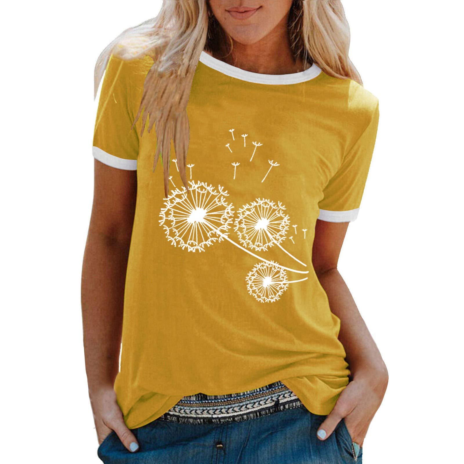 Women's Dandelion Print Crew Neck T-Shirt - Plus Size Casual Basic Top for Summer | Sexy Floral Tee for Everyday Wear, Date Nights & Beach Outfits