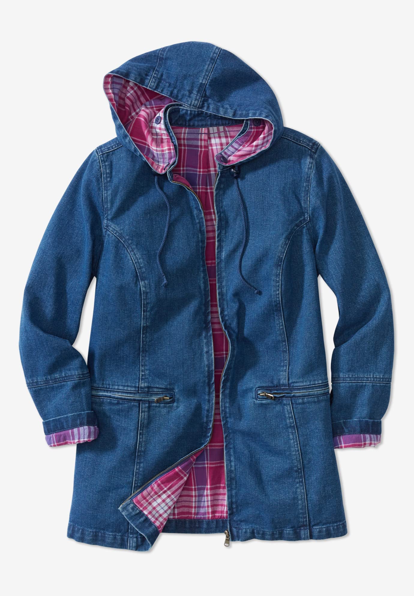 Woman Within Plus Size Flannel-Lined Denim Jacket with Removable Hood - Oversized Long Jean Coat for Women | Casual Fall & Winter Outerwear, Layering Essential