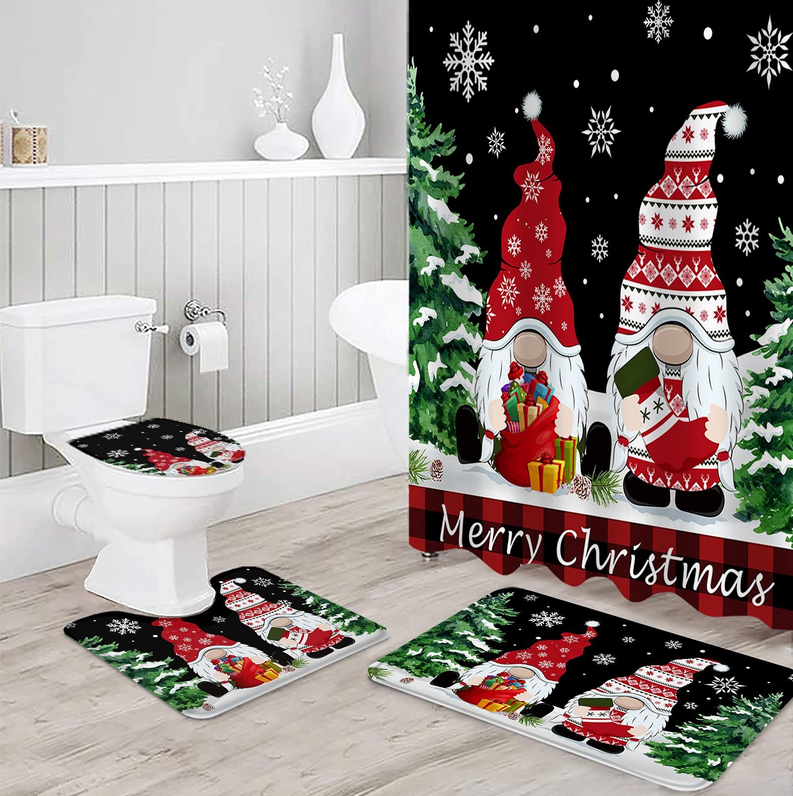 4PCS Non-Slip Bathroom Mat Set - Christmas Gnome Elves Snowflake Winter Decor for Toilet, Shower & Bathtub - Water Absorbent Bath Mats, Toilet Seat Cover & Shower Curtain for Holiday Home Decor