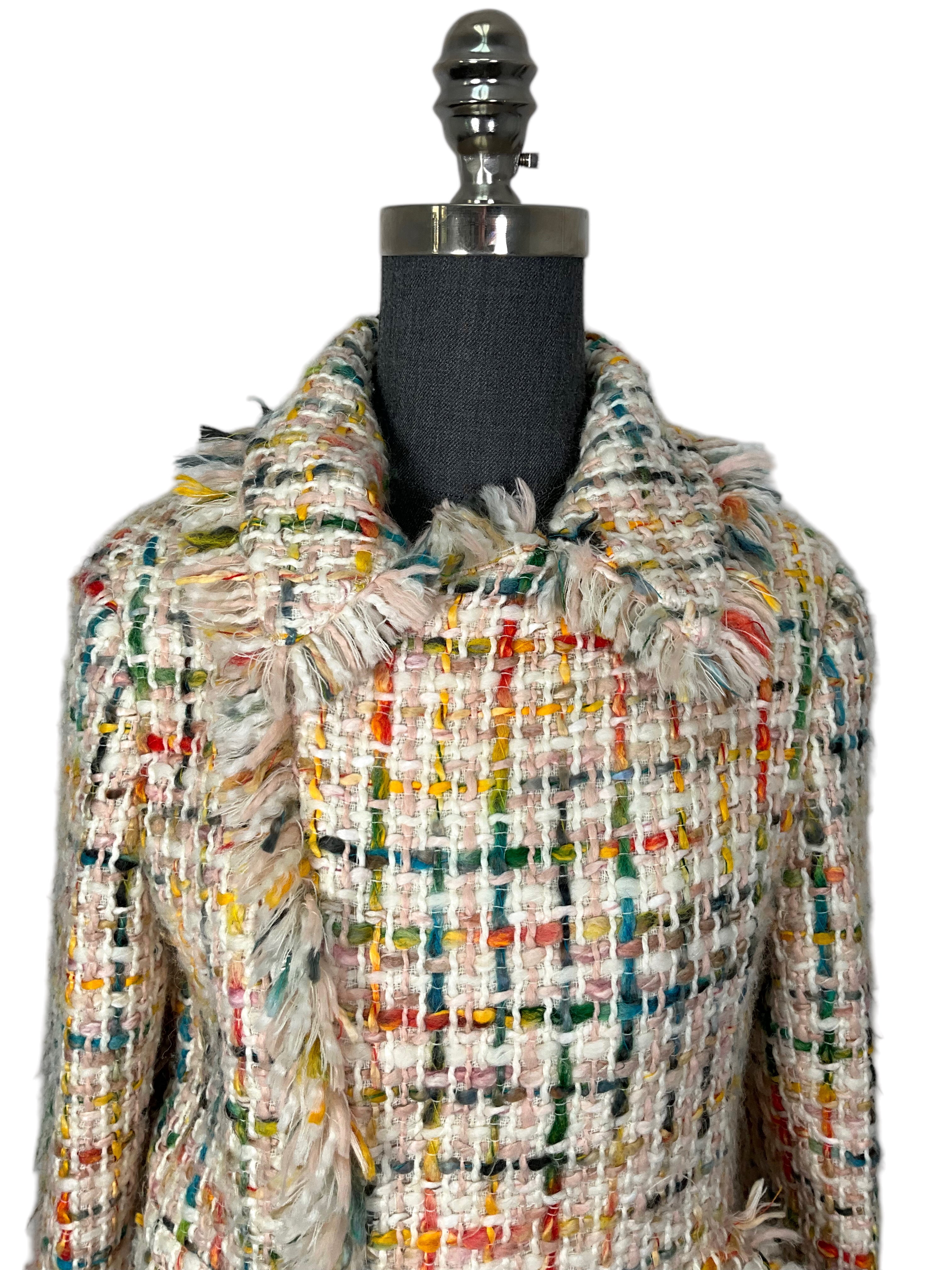 Oscar de la Renta Multicolor Tweed Fringe Cropped Jacket Women's Size 8 - Elegant Party Wear for Weddings, Cocktail Events & Night Out