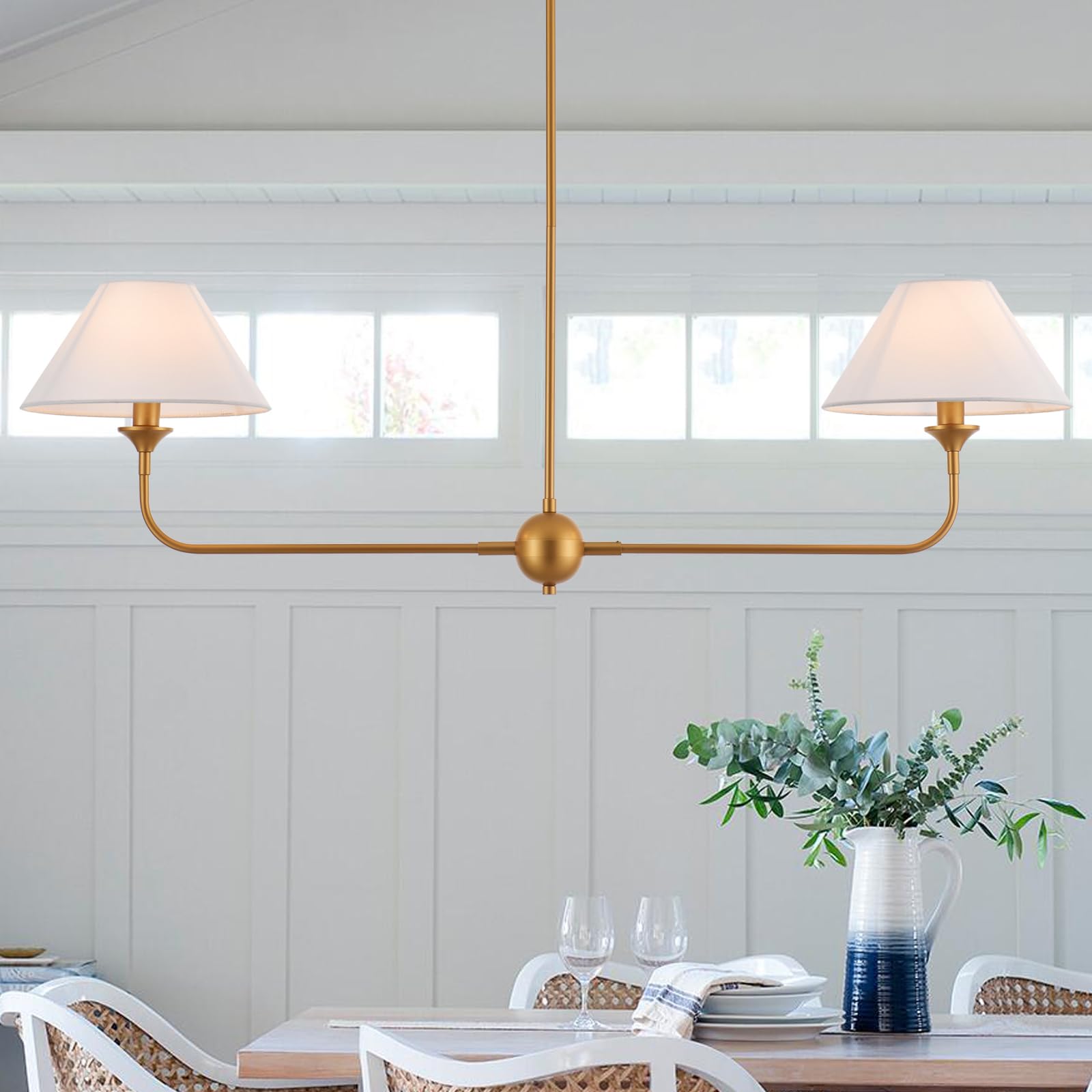 Modern Gold Linear Chandelier with Off-White Fabric Shade - Rustic Pendant Lighting for Dining Room & Kitchen Island - Perfect for Farmhouse, Industrial & Contemporary Home Decor