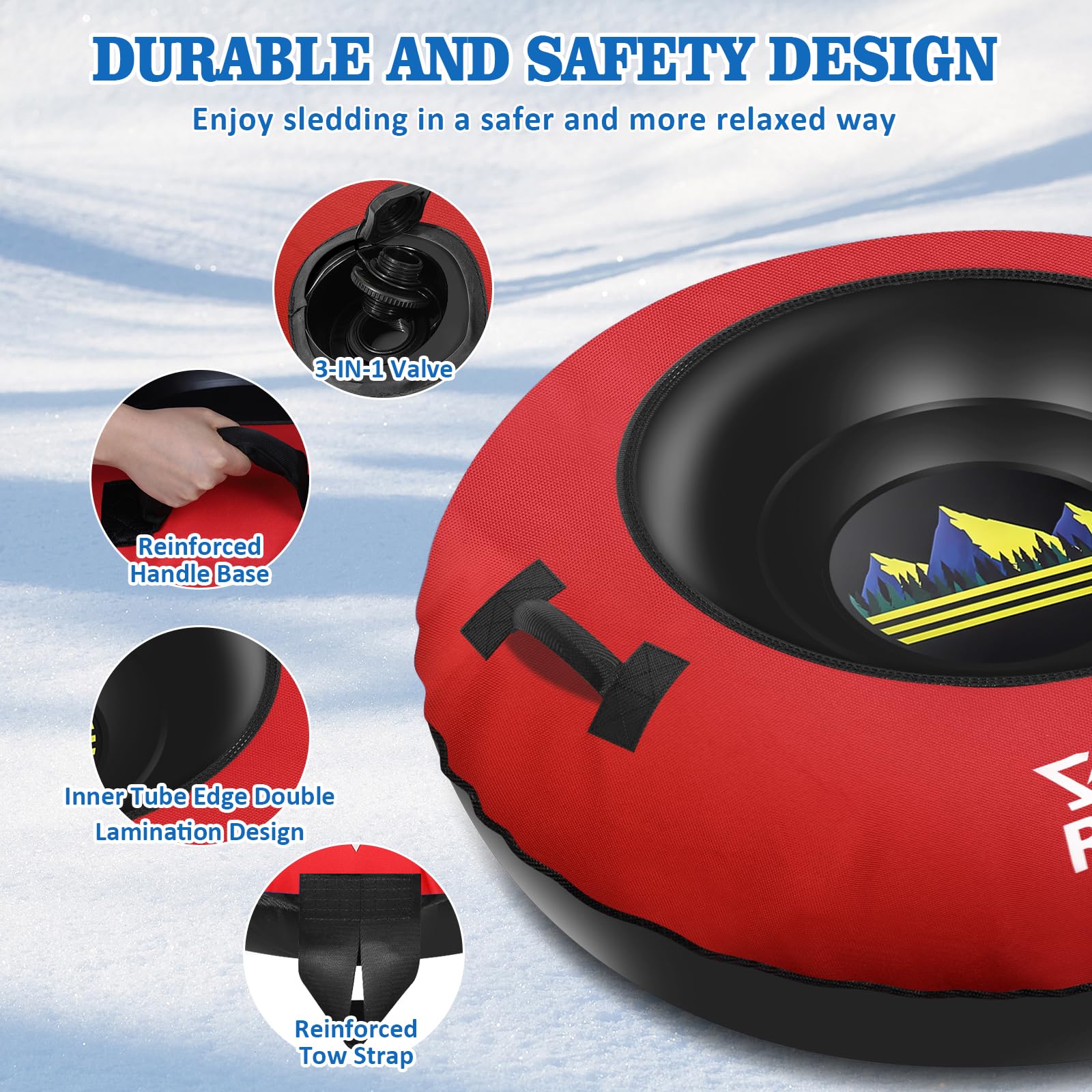 Premium Heavy Duty Snow Tube with Thickened Bottom - 48'' Inflatable Snow Sled for Kids & Adults - Durable Canvas Cover - Winter Outdoor Fun Toy for Boys, Girls & Families - Perfect for Sledding, Snow Tubing & Backyard Winter Activities