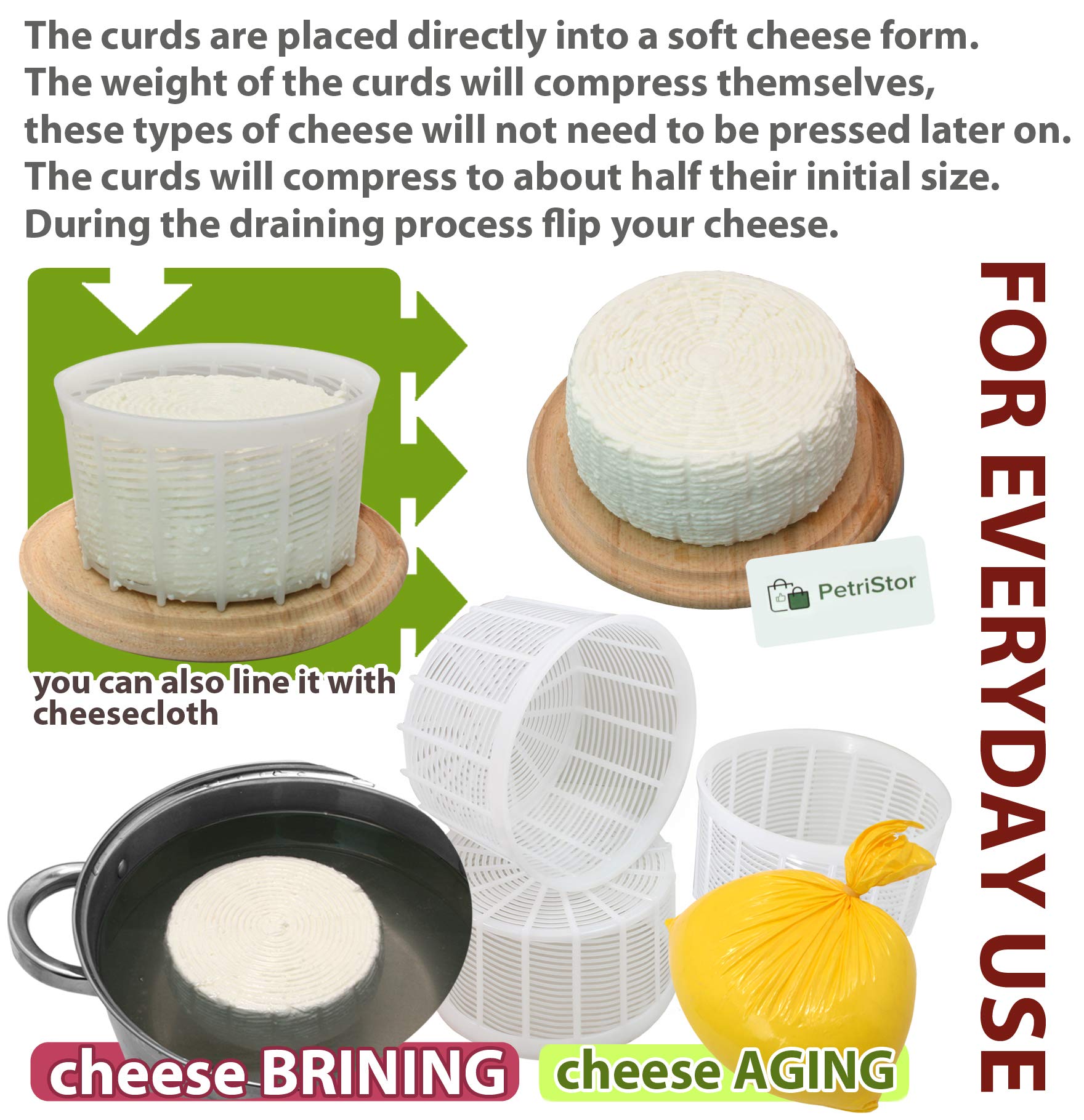 PetriStor 3-Piece Soft Cheese Mold Set for Homemade Cheese Making - 1.25QT Medium Cheese Basket Mold - Cream Cheese & Queso Fresco Form - Perfect for DIY Artisan Cheesemaking at Home