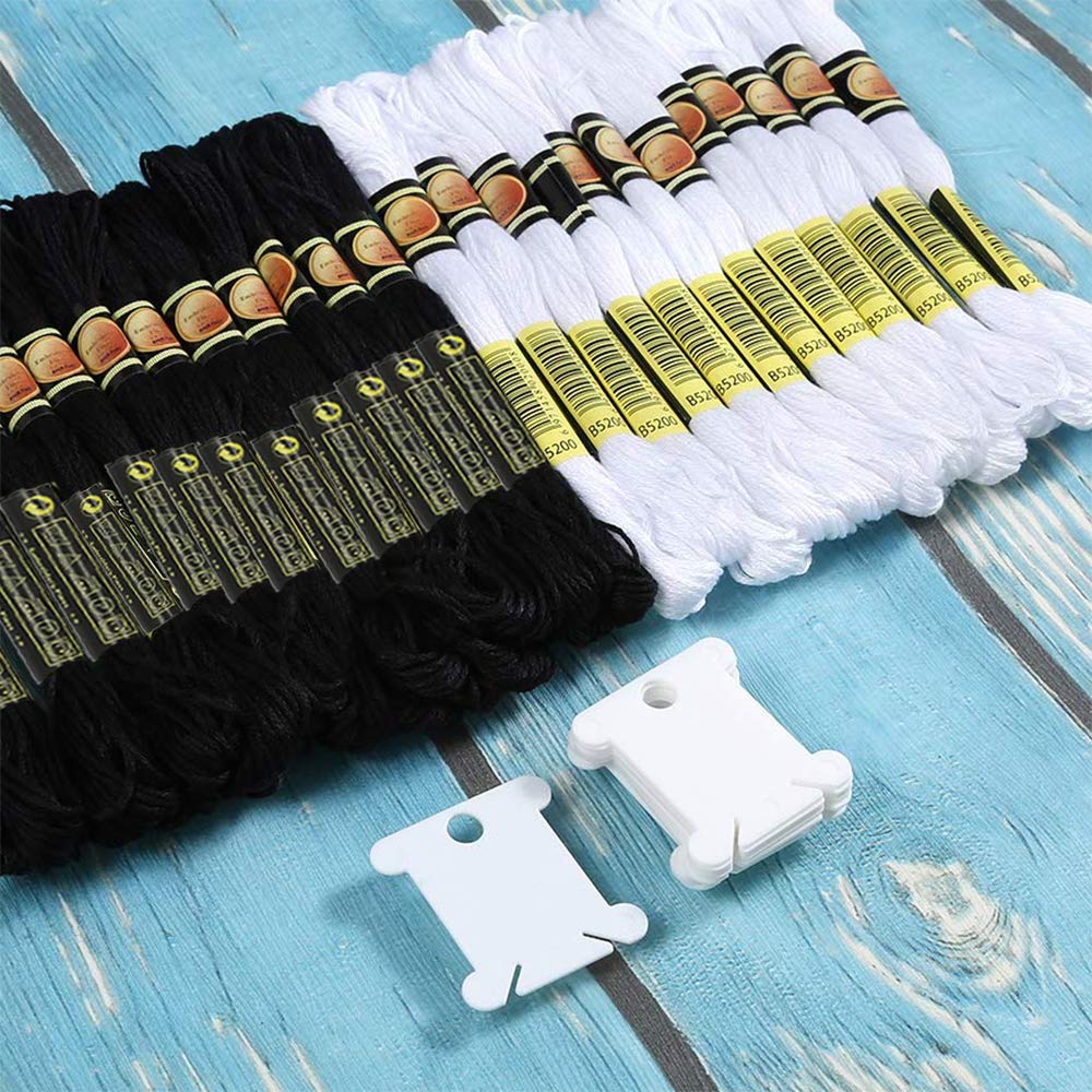 Premium Black & White Embroidery Floss - 24 Skeins Cotton Cross Stitch Thread Kit with 12 Bobbins for Friendship Bracelets, DIY Crafts & Needlework Projects - Perfect for Scrapbooking, Sewing & Handmade Gifts
