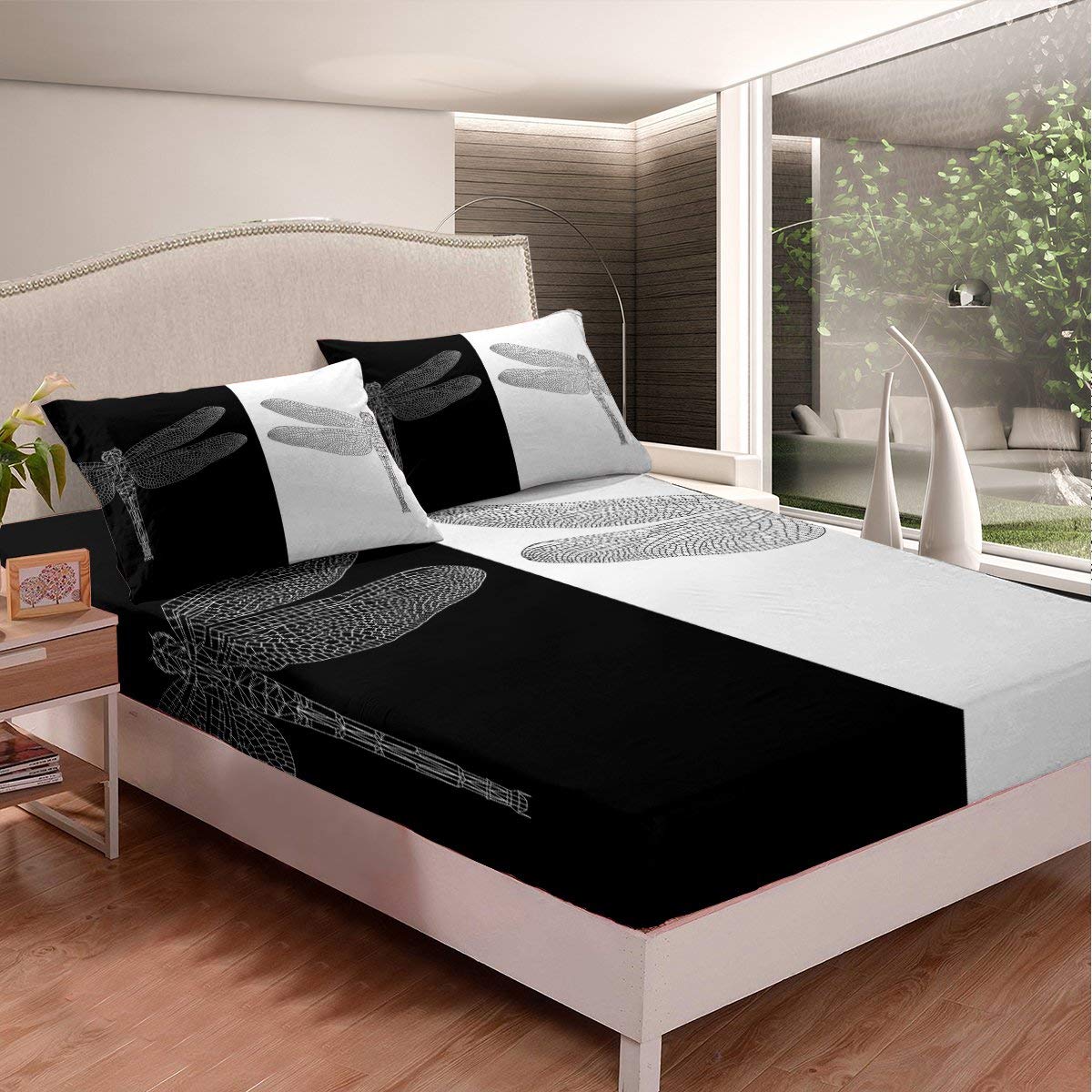 Erosebridal Dragonfly Fitted Sheet - Black & White Yin Yang Bedding Set for Couples | Full Size Deep Pocket for Home Decor