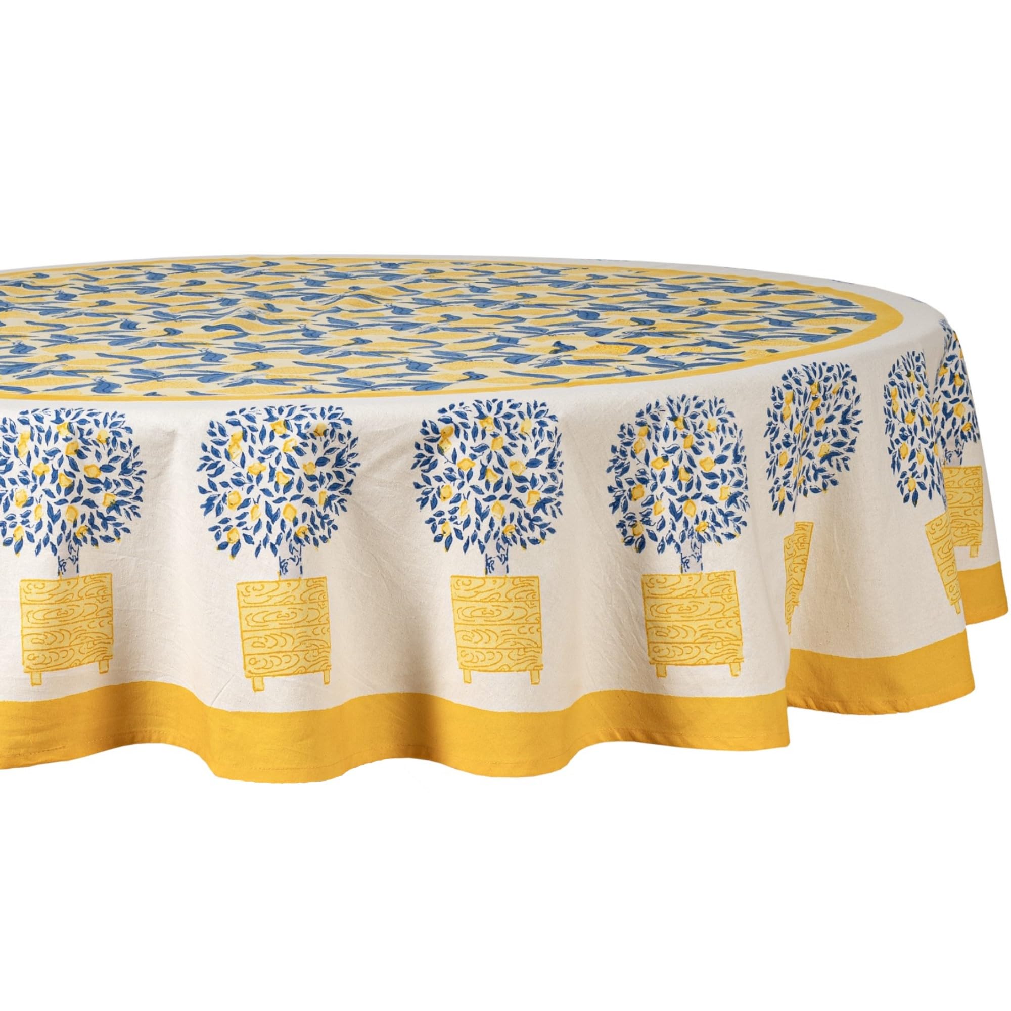 Elegant Large Round Tablecloth 90 Inches - Yellow & Blue Lemon Tree Design for Dining, Parties & Outdoor Events | Couleur Nature
