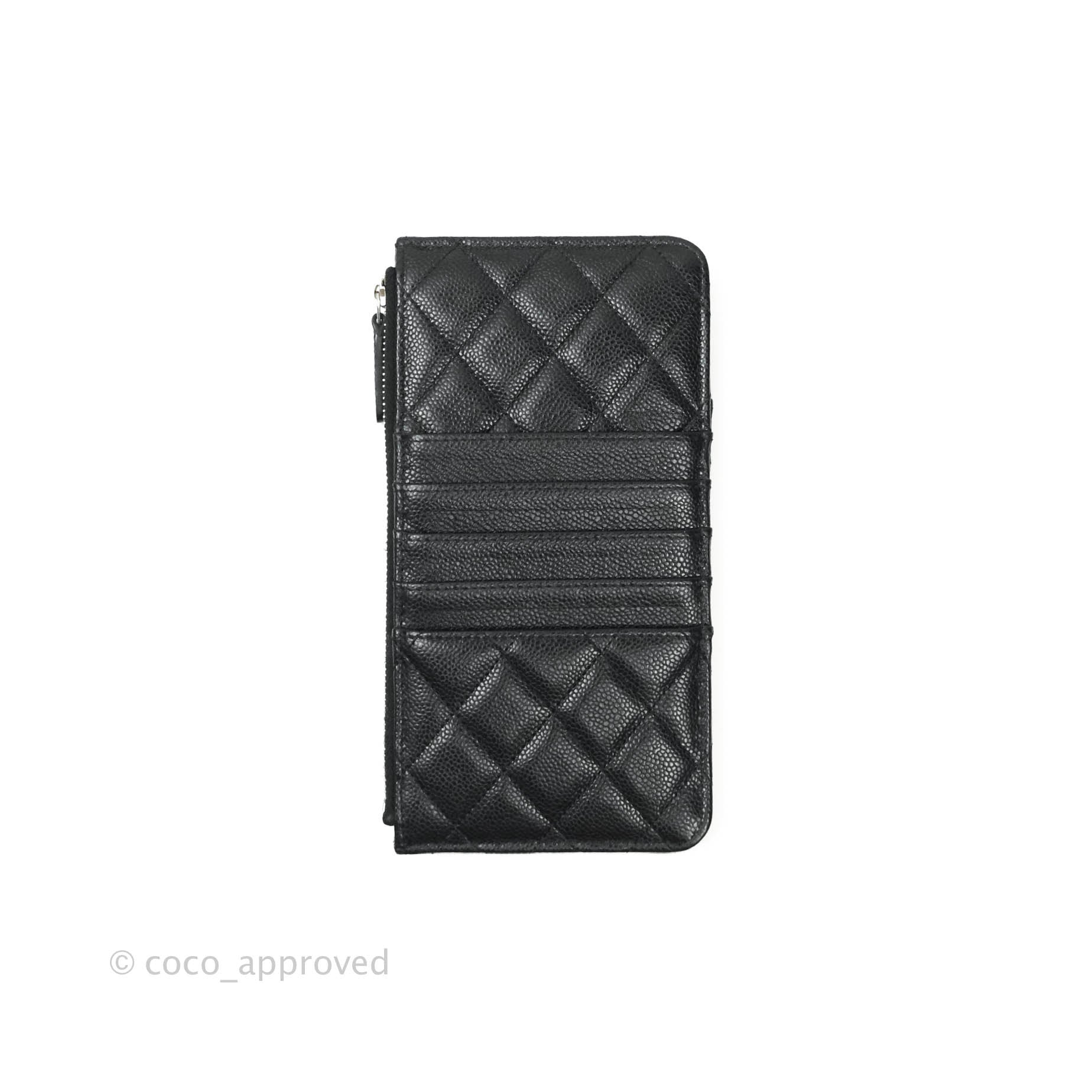 Chanel Classic Flat Black Caviar Leather Wallet Pouch with Silver Hardware - Luxury Compact Card Holder for Women | Perfect for Everyday Use, Travel & Gifts