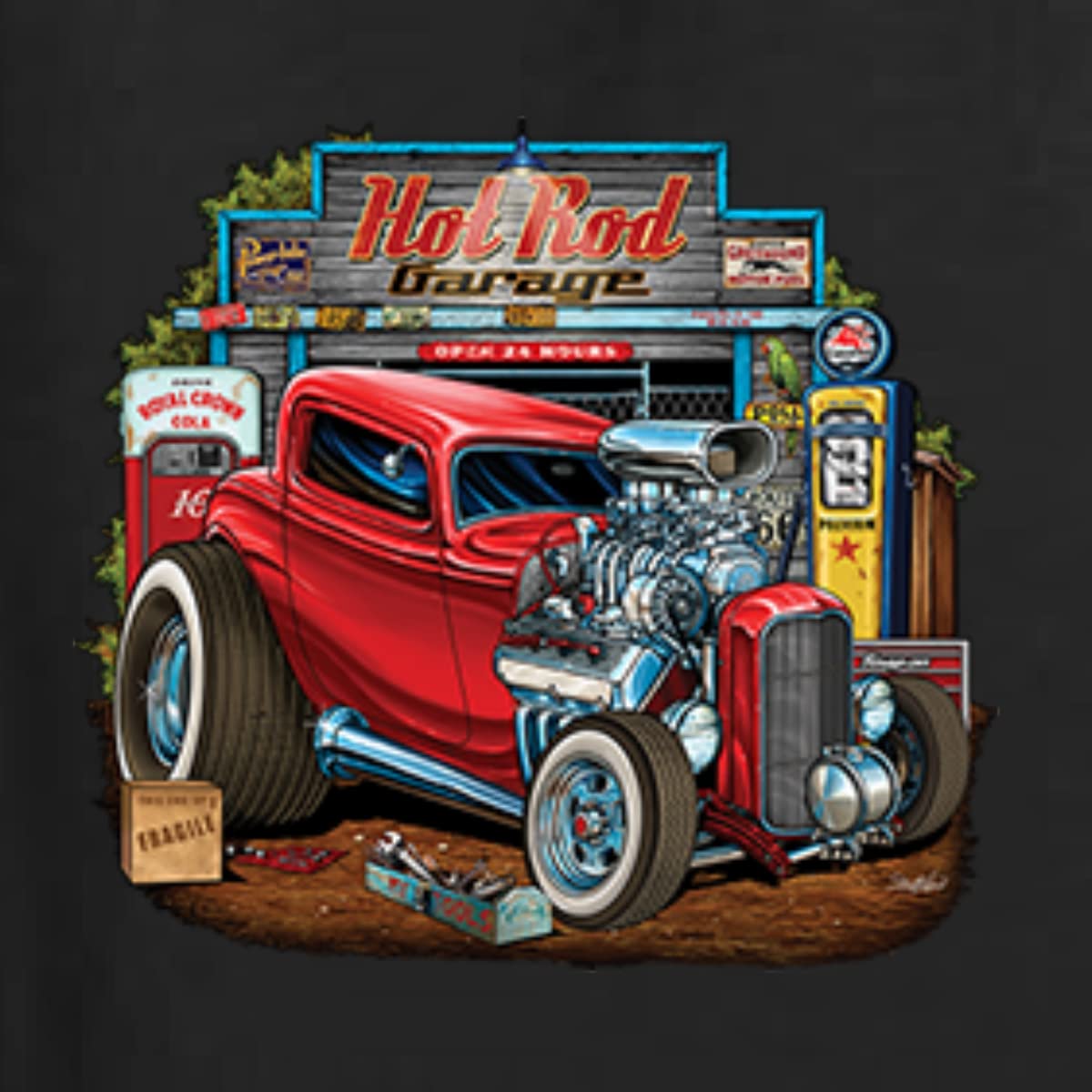 Vintage Hot Rod Old Garage Cars and Trucks Women's Graphic Long Sleeve T-Shirt - Retro Automotive Style for Casual Wear, Car Enthusiast Outfits & Themed Events