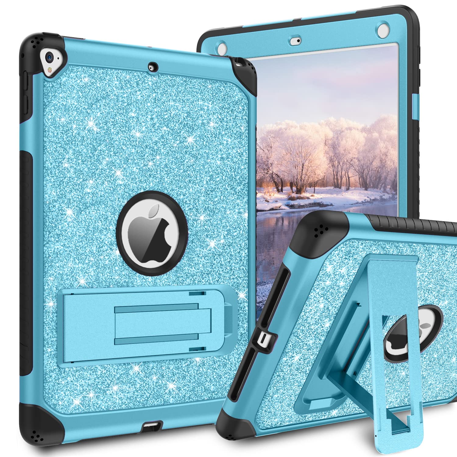 YINLAI Shockproof Protective Case for iPad 9.7 Inch (6th/5th Gen & Air 2) - Glitter Bling Kickstand Cover for Kids, Women & Girls - Perfect for School, Travel & Daily Use - Blue