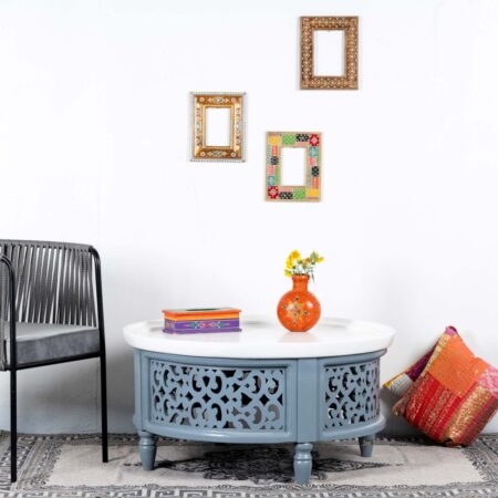 Handmade Carved Mango Wood Round Coffee Table with Intricate Jali Work - Natural Grey Finish - Rustic Boho Living Room Centerpiece for Home Decor
