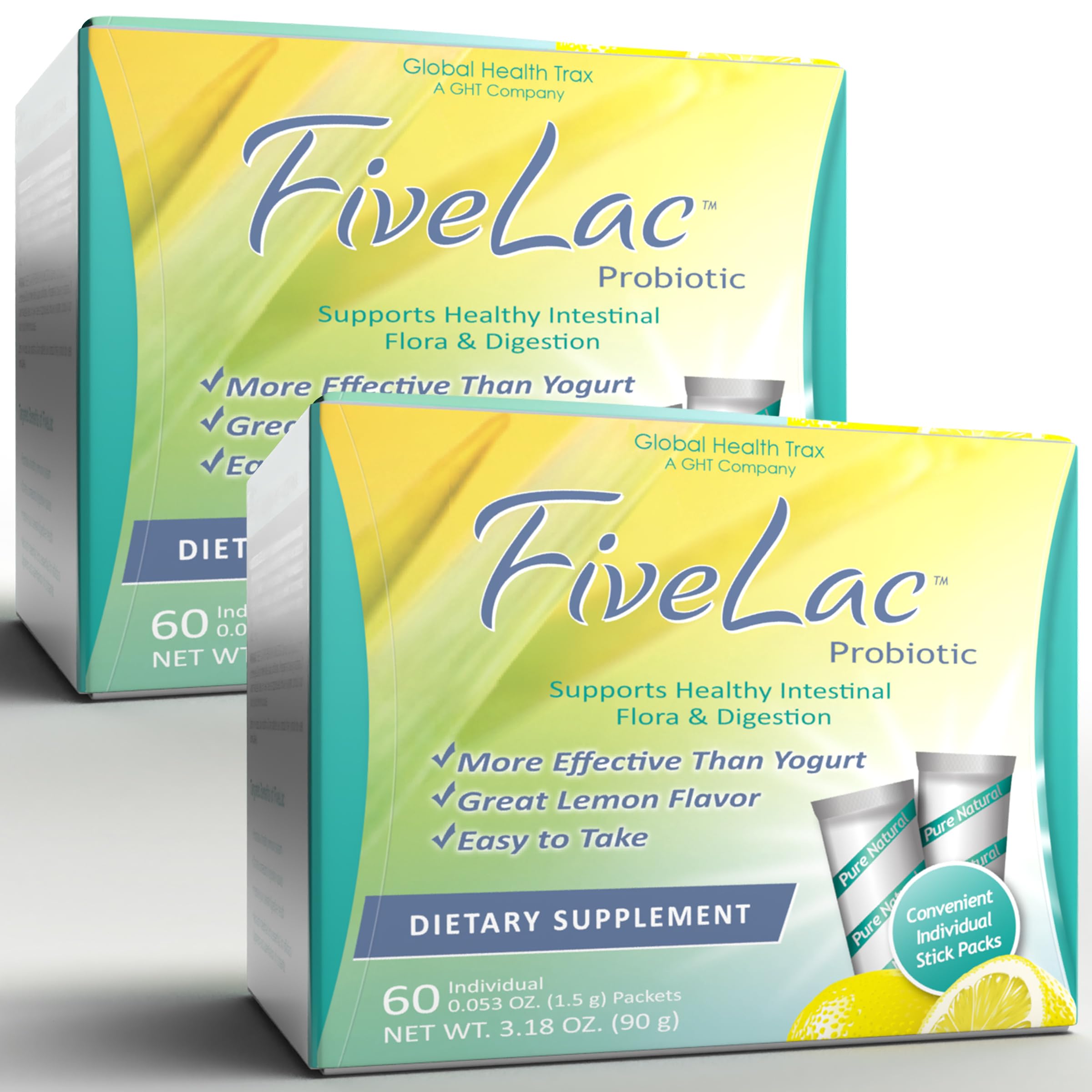 GHT - FiveLac Lemon Probiotic Powder Drink Mix for Digestive Health - Supports Gut Flora for Women, Men & Kids - Relieves Constipation, Gas & Bloating - Non-GMO, 60 Packets (2 Pack) - Perfect for Daily Wellness & Travel