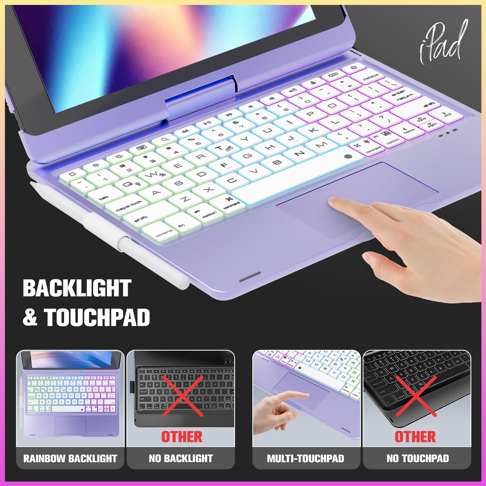 NOKBABO iPad 9th/8th/7th Generation Case with Bluetooth Keyboard - 360° Rotatable Stand, 7-Color Backlit Touchpad & Apple Pencil Holder | Compatible with iPad 10.2 inch & iPad Air 3rd Gen/iPad Pro 10.5 inch | Metallic Purple | Perfect for Work, Study & Entertainment