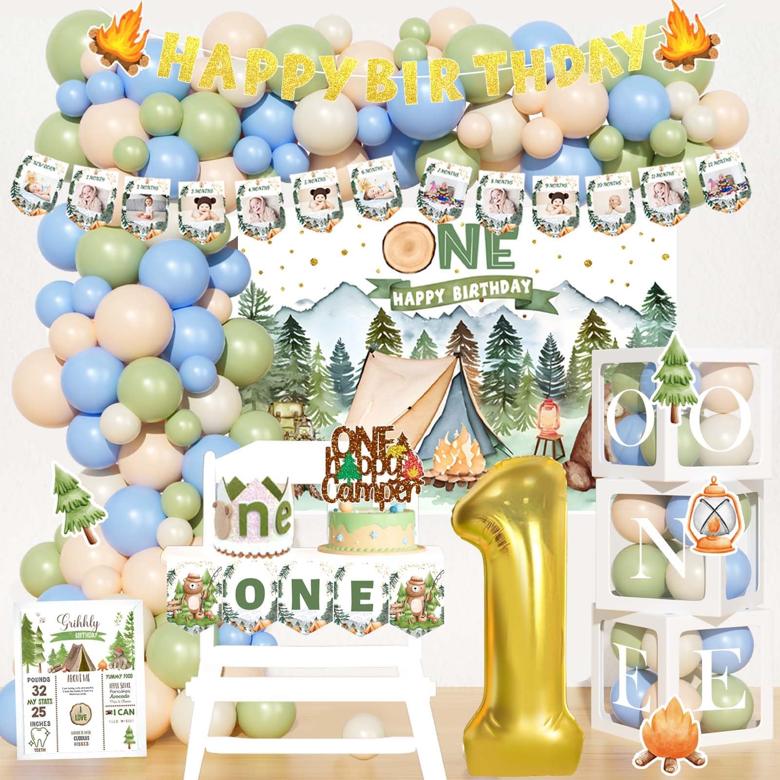 One Happy Camper Birthday Decorations - First Birthday Party Supplies for Boys with Camping Theme, Backdrop, Balloon Garland, Photo Banner, Cake Topper, Box Cutout, Crown & Poster | Perfect for Forest Tent Themed 1st Birthday Celebrations & Outdoor Adventure Parties