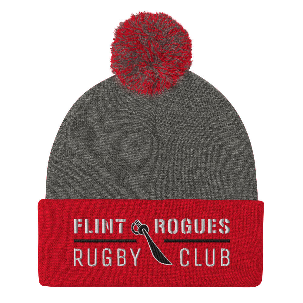 Flint Rogues RFC Pom Beanie - Winter Knit Hat for Men & Women - Soft Warm Skull Cap with Faux Fur Pom - Perfect for Snowboarding, Skiing, and Outdoor Activities