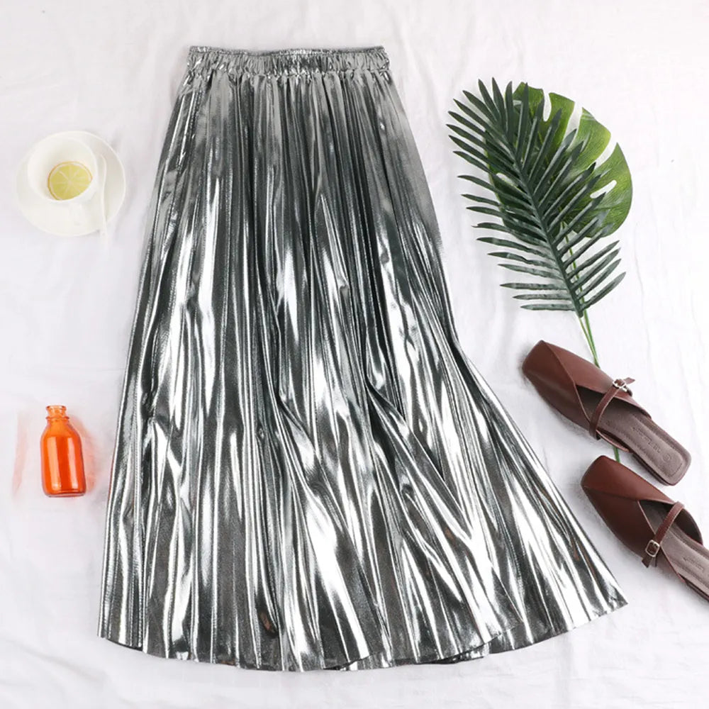 Elegant High Waist Pleated Midi Skirt for Women - Black, Silver & Gold Solid Colors | Perfect for Office, Party & Casual Wear